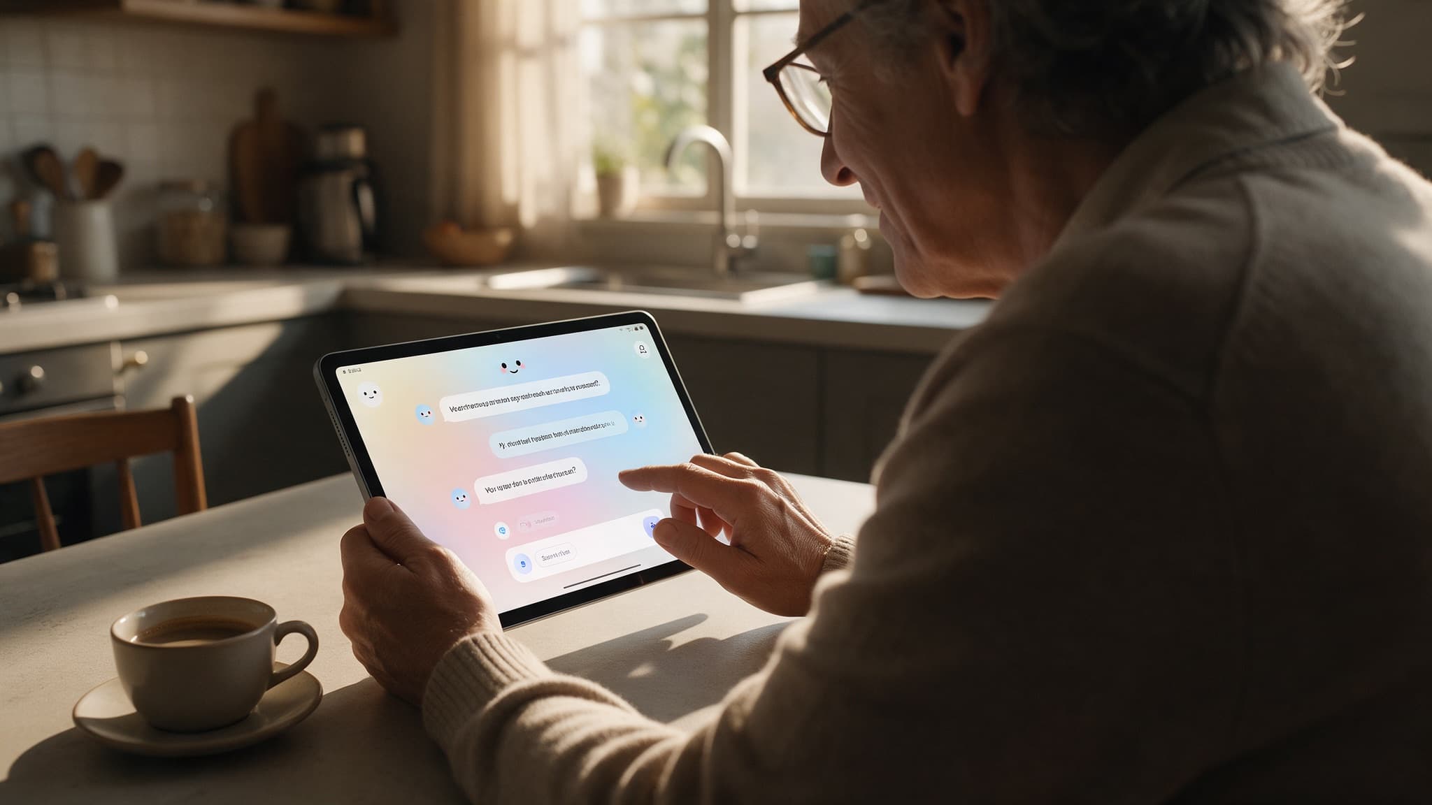 An older adult at a kitchen table using a tablet with a friendly AI health-assistant chat interface open