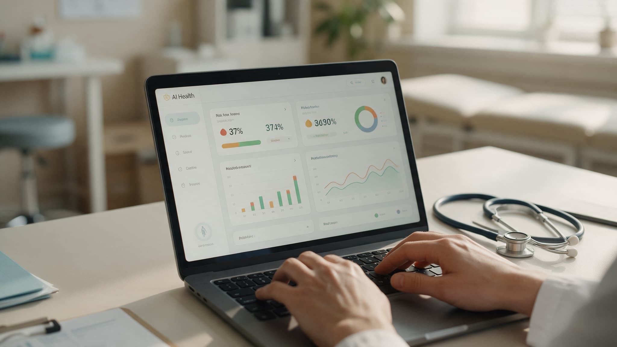 A clinician's hands on a laptop showing an AI health dashboard with risk scores and charts, a stethoscope beside the keyboard