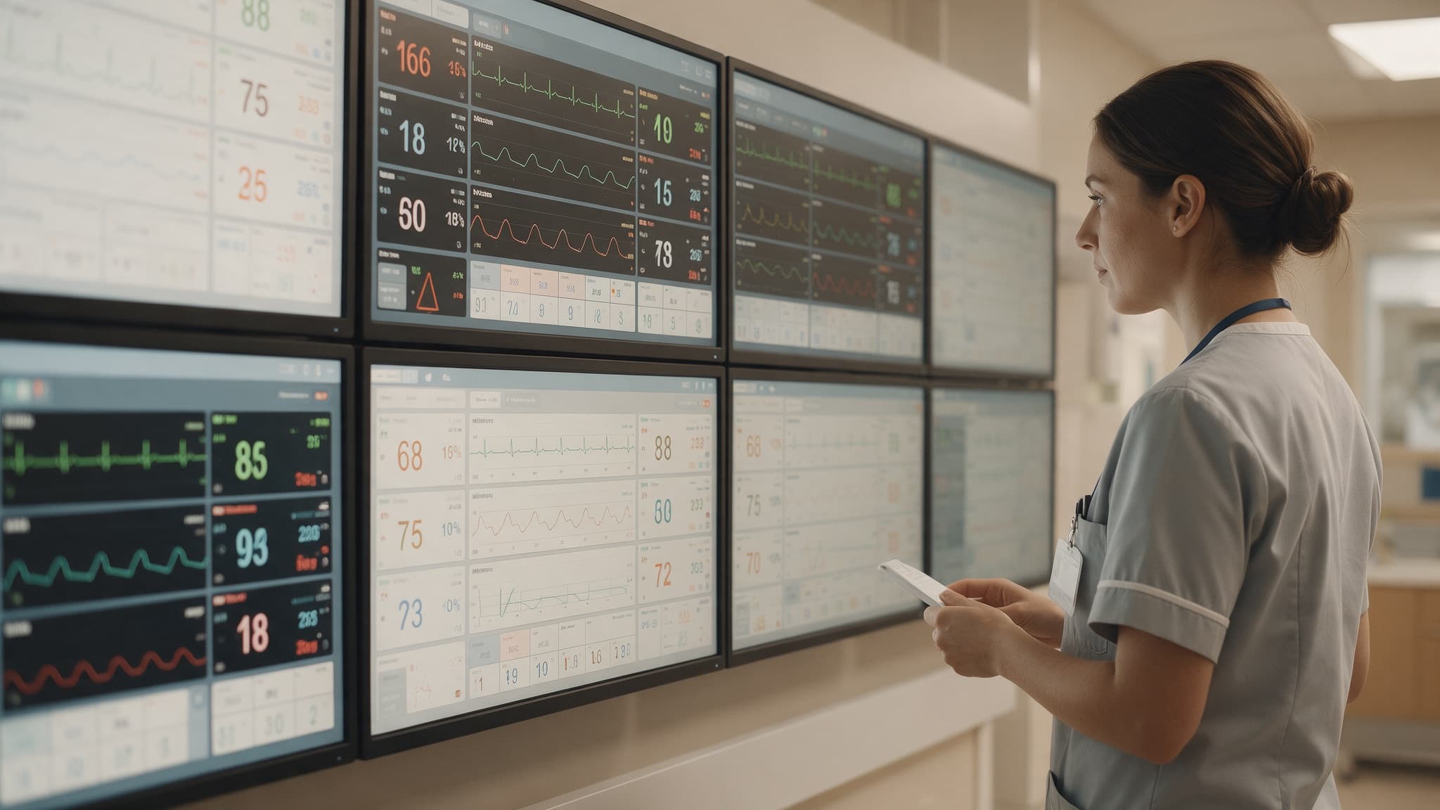 A control-room monitor wall showing multiple patient vital-sign dashboards with a nurse reviewing them