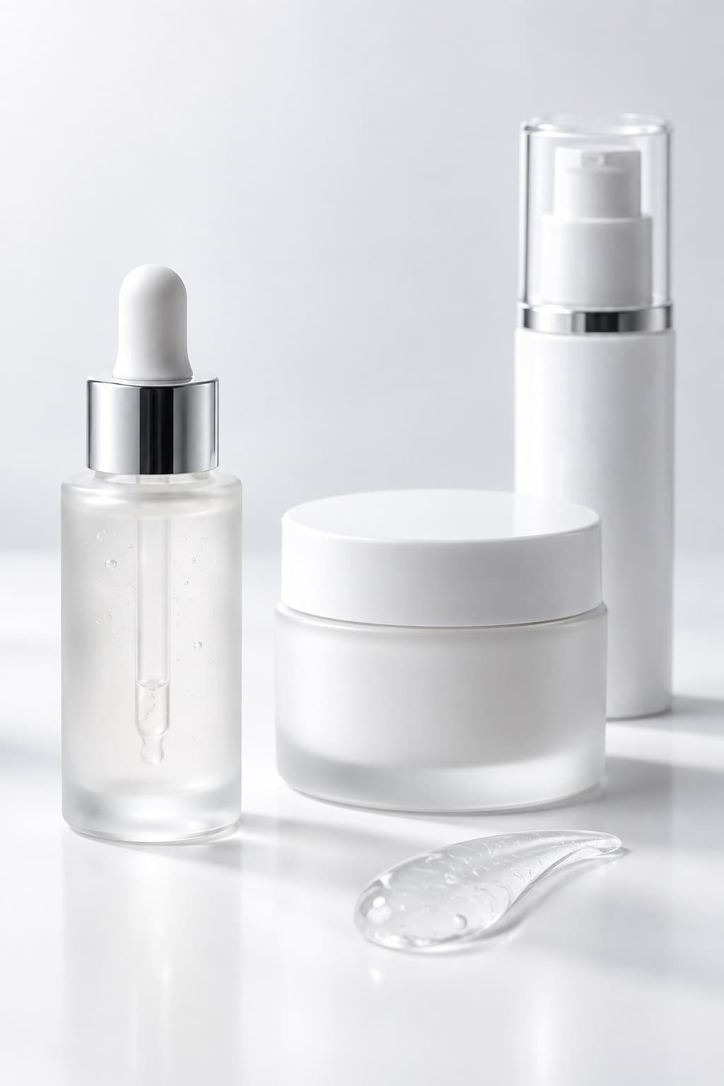 Unbranded acne treatment serum, moisturiser jar and pump bottle on a clean white surface