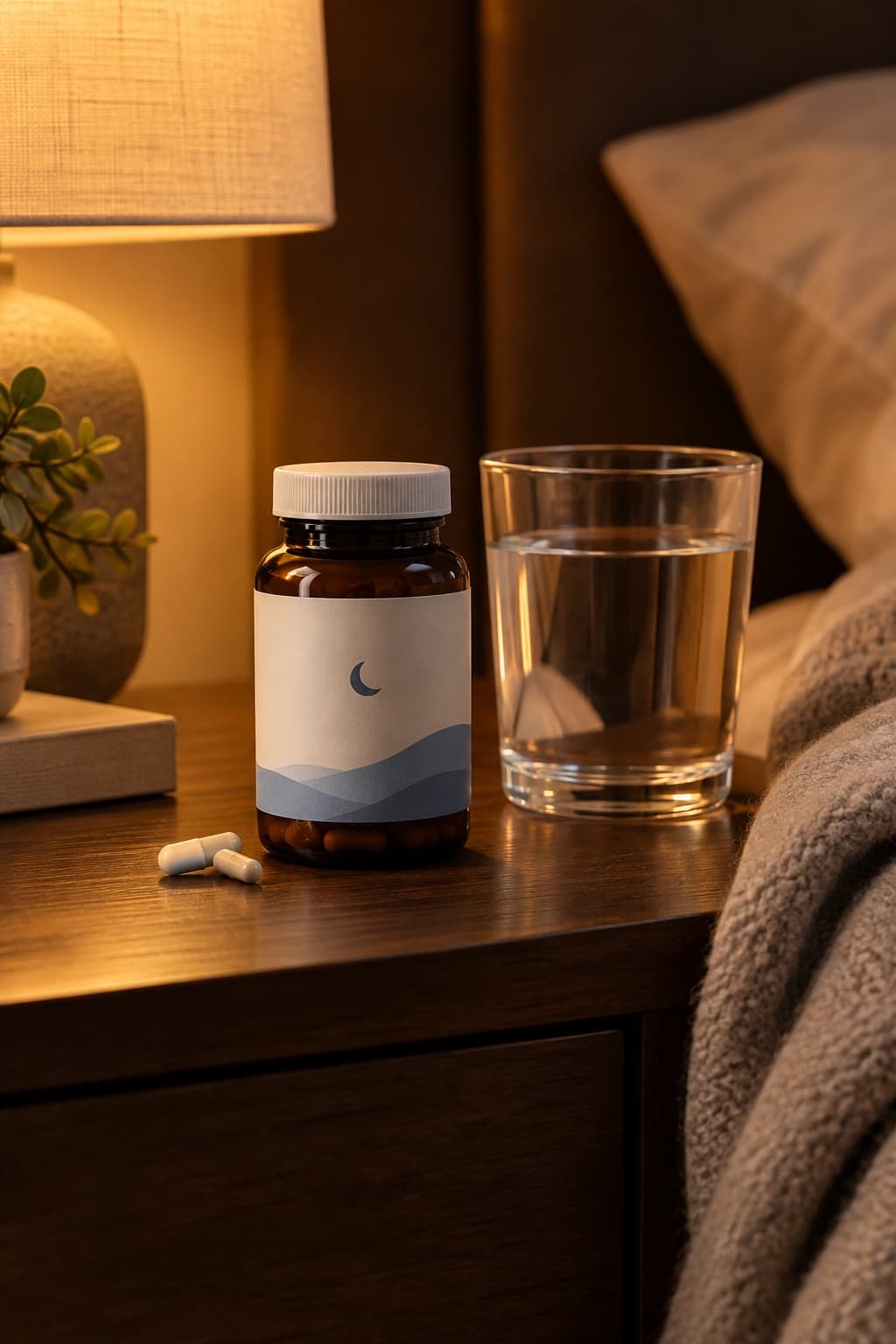 A melatonin supplement bottle, a glass of water and a folded blanket on a dark nightstand