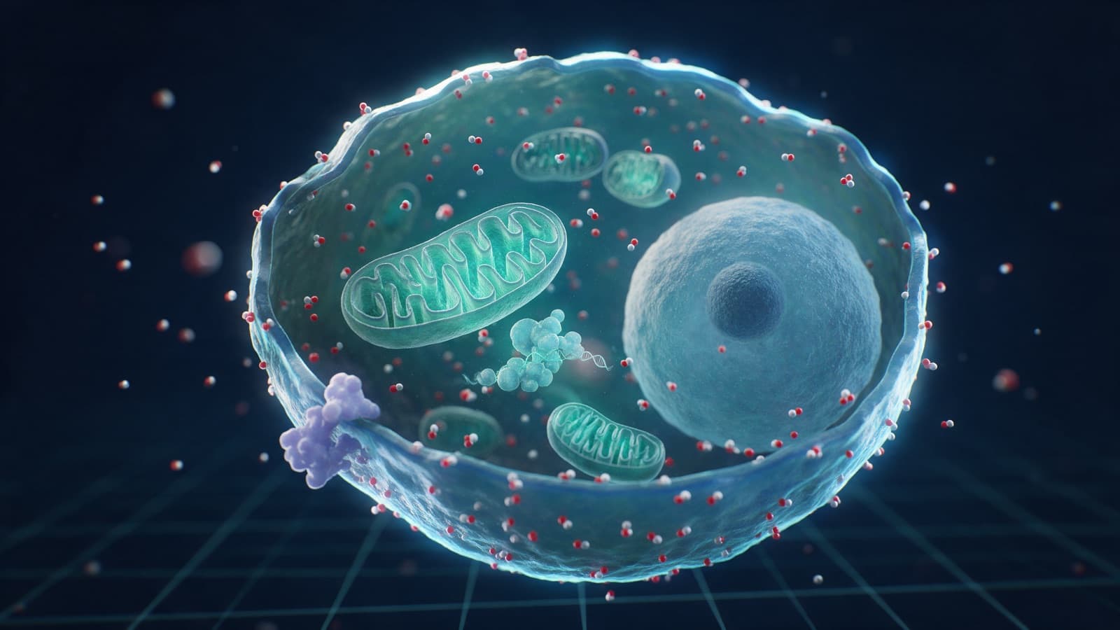 3D render of a human cell cross-section with mitochondria illuminated, representing cellular energy and repair