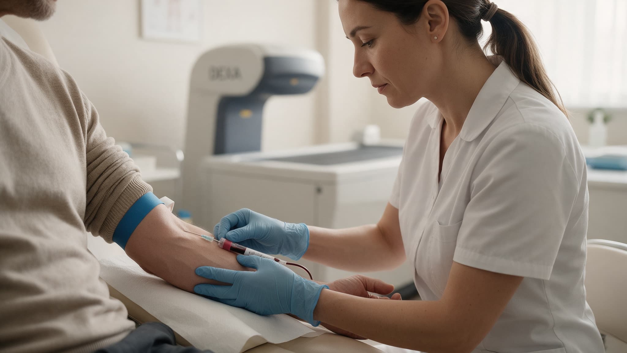 A nurse drawing a blood sample from a patient's arm in a longevity clinic exam room, a DEXA scanner visible in the background