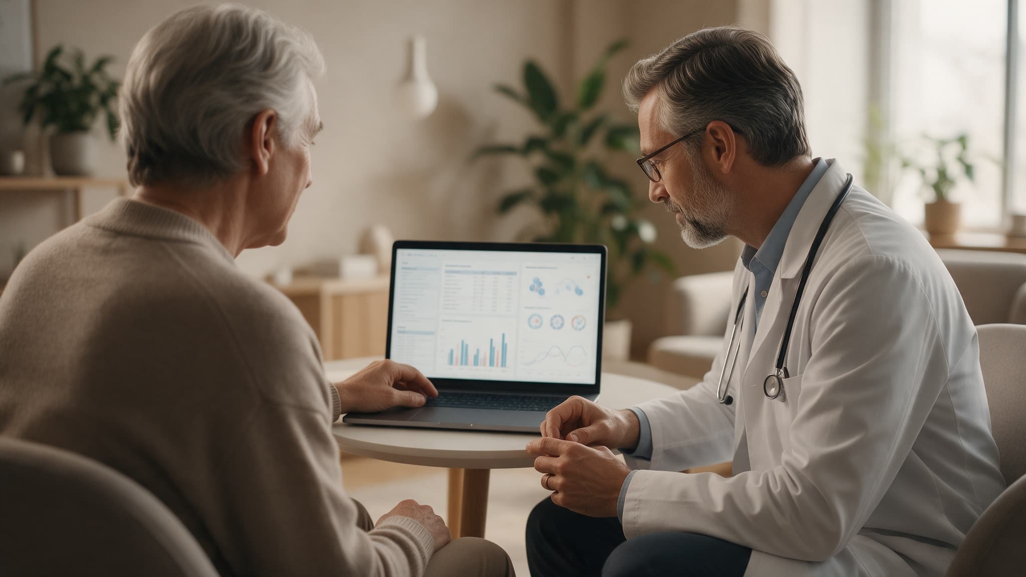 A physician and a patient reviewing lab results and biomarker charts on a laptop in a modern longevity clinic consultation room
