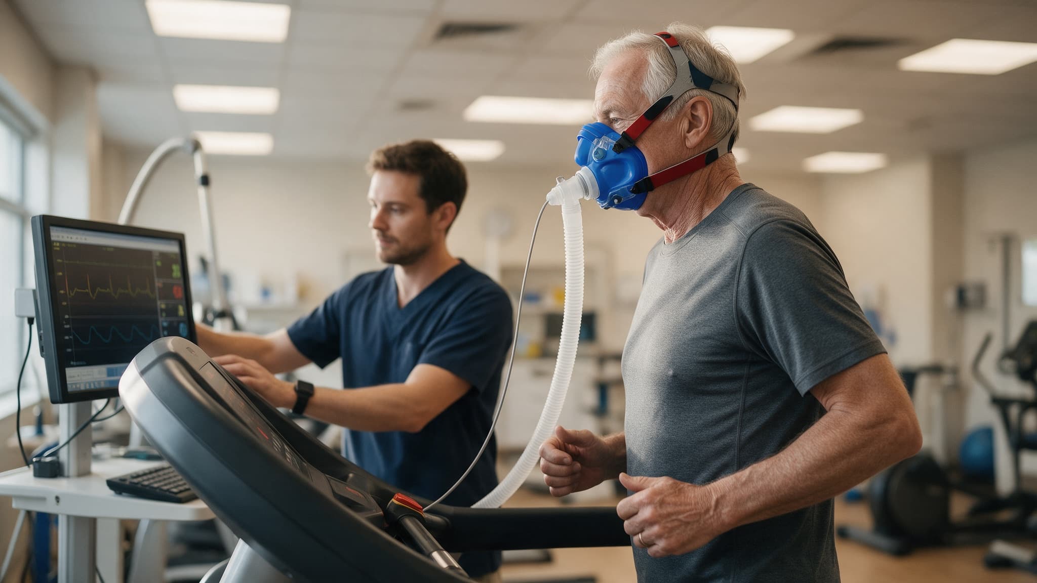 An older patient on a treadmill wearing a cardiopulmonary exercise testing mask while a physiologist monitors vitals