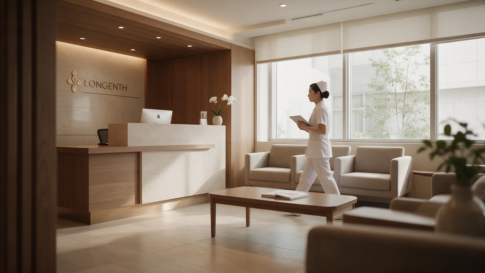 The reception and waiting area of a longevity medical clinic, a nurse walking past with a tablet