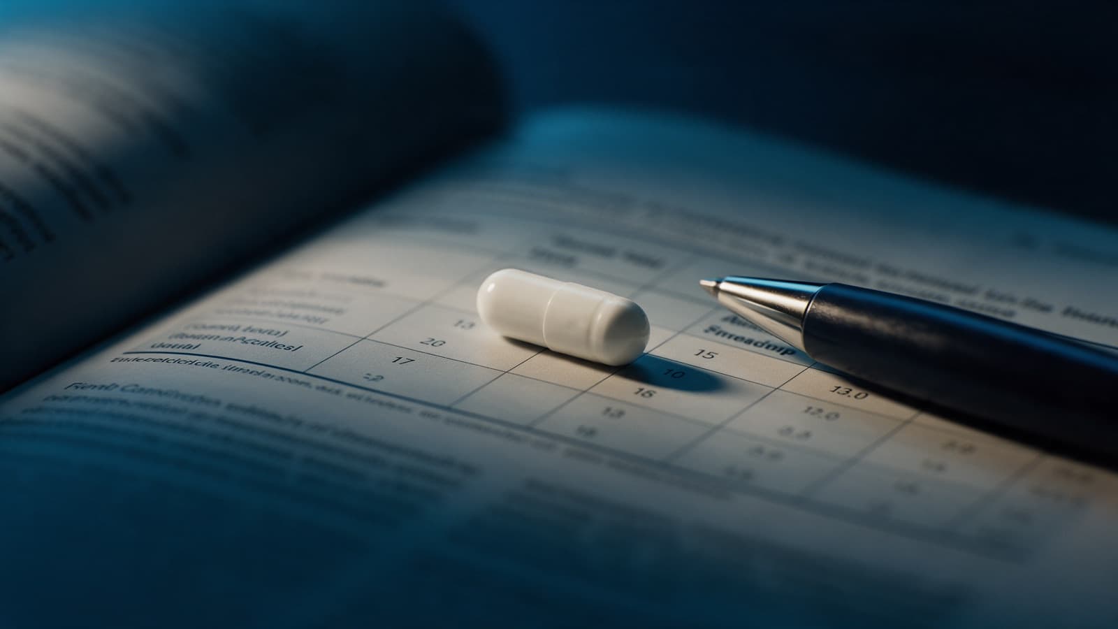 A single capsule resting on an open medical journal page beside a pen