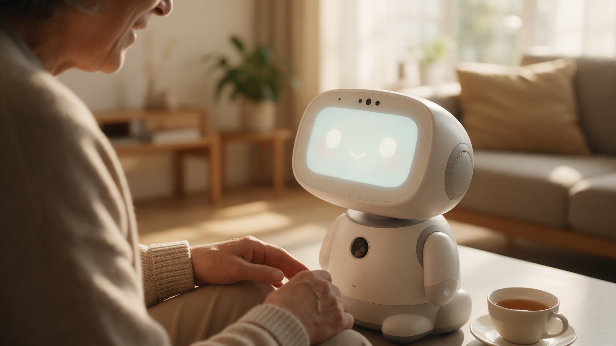 An older adult at home talking to a friendly tabletop companion robot with a soft glowing screen face