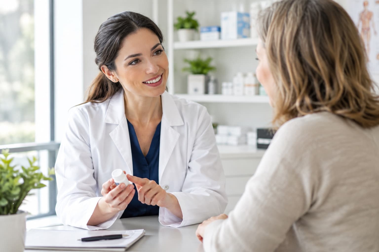 A pharmacist consulting with a patient in a modern clinic