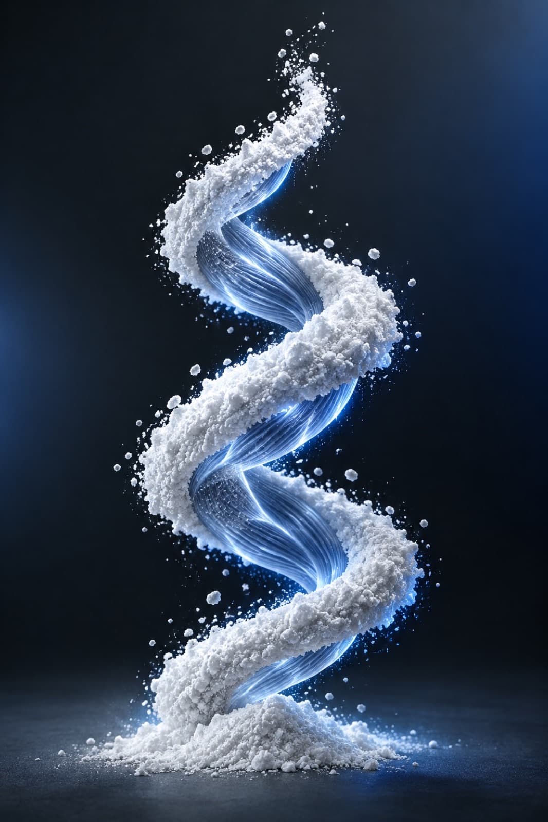 An artistic rendering of fine white crystalline powder spiraling upward over a glowing muscle-fiber pattern
