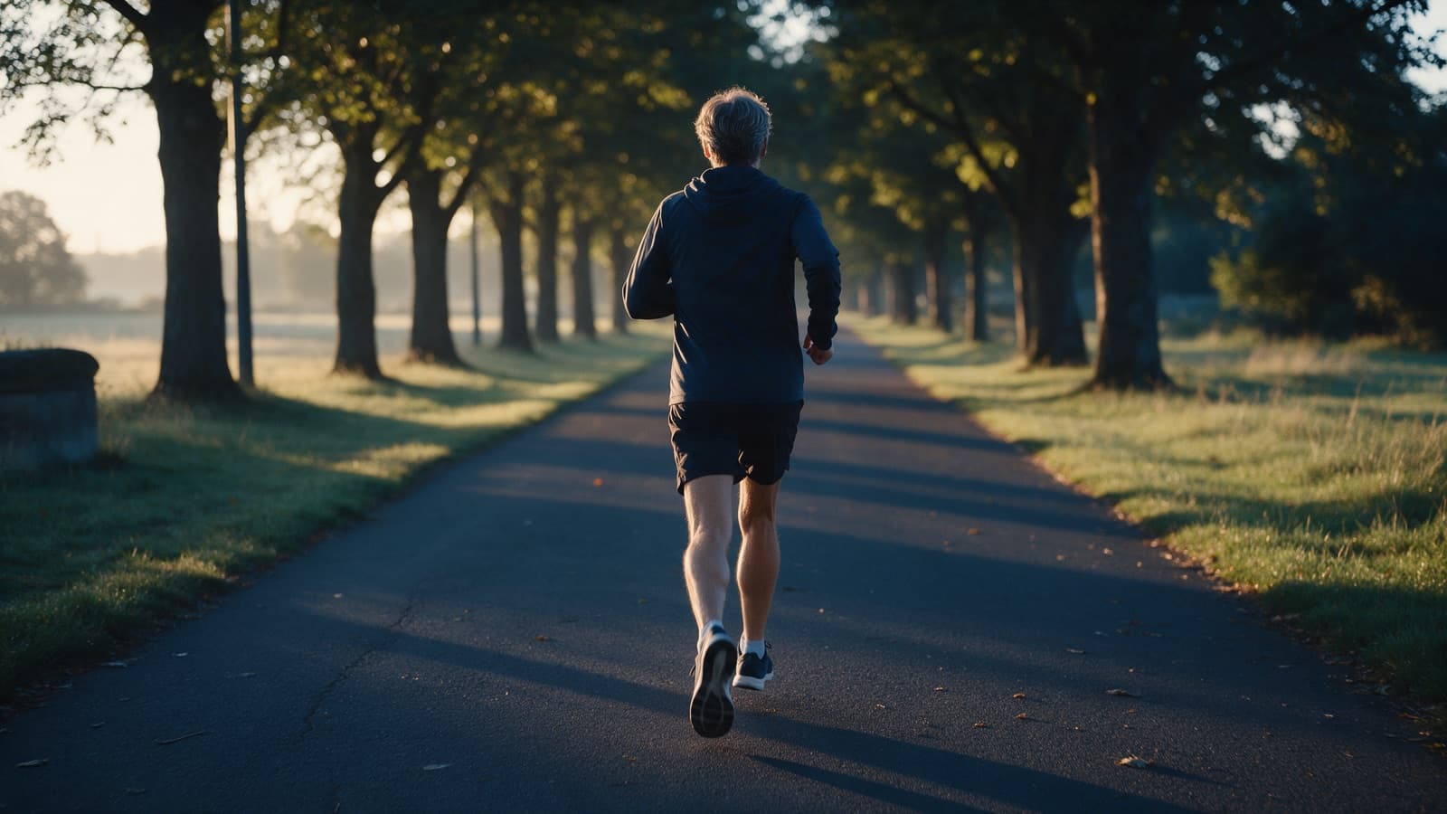 An adult walking briskly along a tree-lined path at sunrise