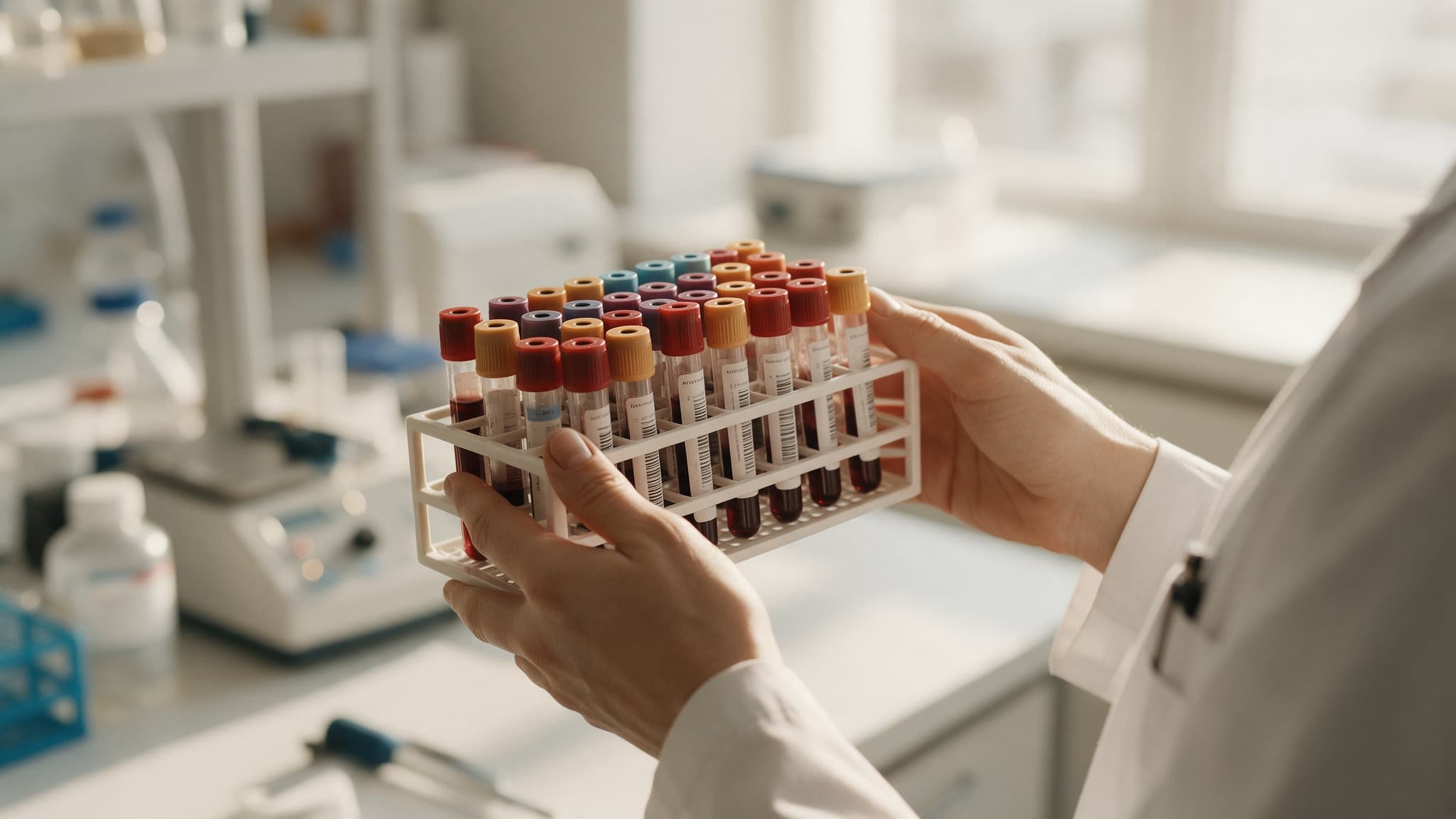 A lab technician's hands holding a rack of blood sample tubes labelled for biomarker screening