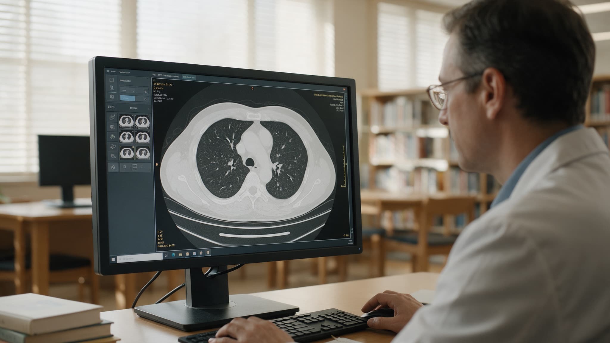 A radiologist reviewing a low-dose CT lung scan on a large monitor in a bright reading room
