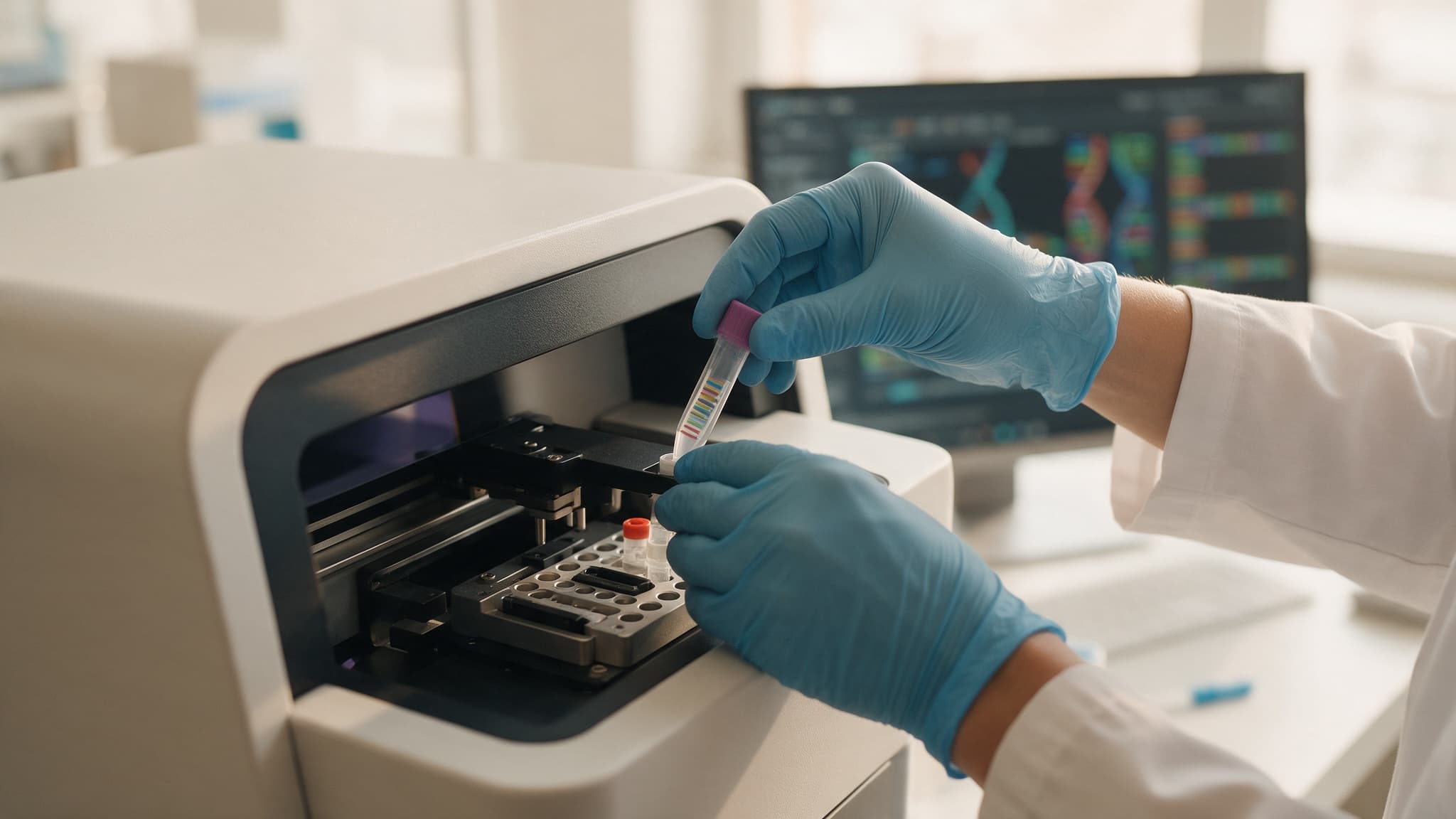 A gloved lab technician loading a DNA sample tube into a genetic sequencing machine in a modern laboratory