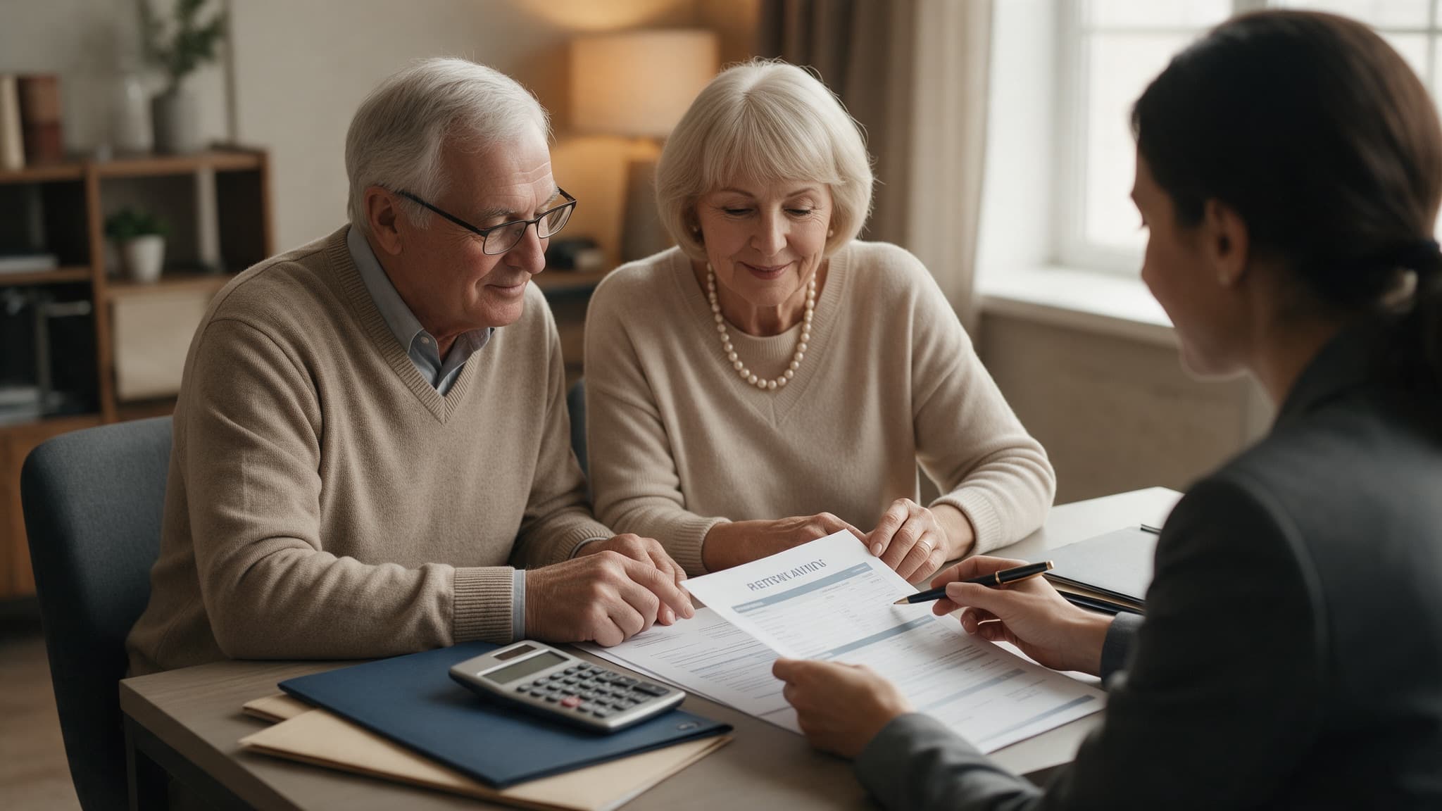 An older couple sitting across a desk from a financial advisor, reviewing retirement and annuity paperwork together