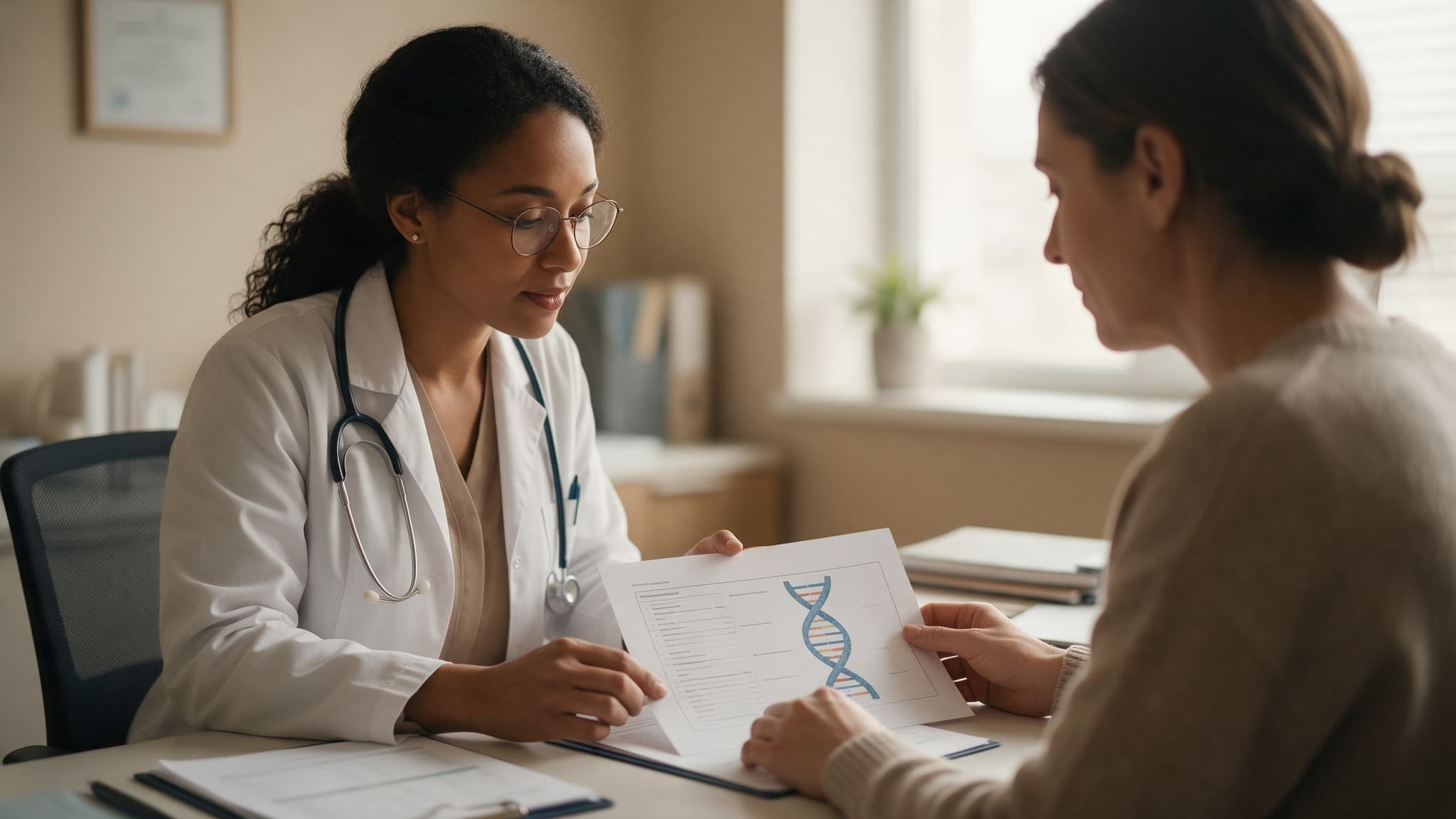 A genetic counselor and a patient reviewing a printed genetic test report with a DNA helix diagram