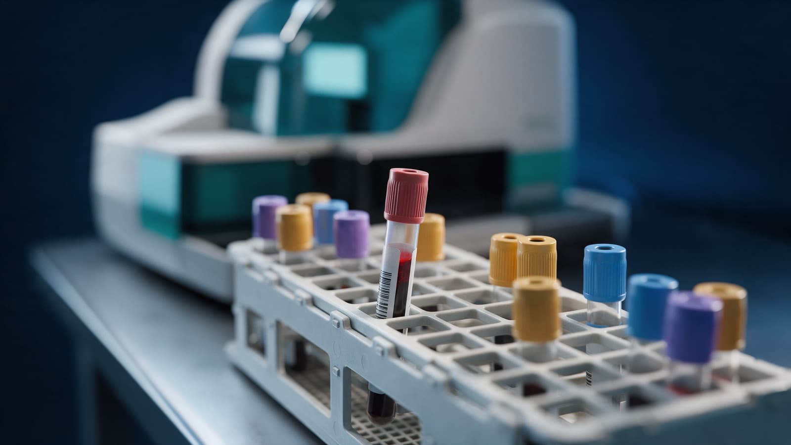 Rack of blood-sample vials on a laboratory bench with one vial in sharp focus