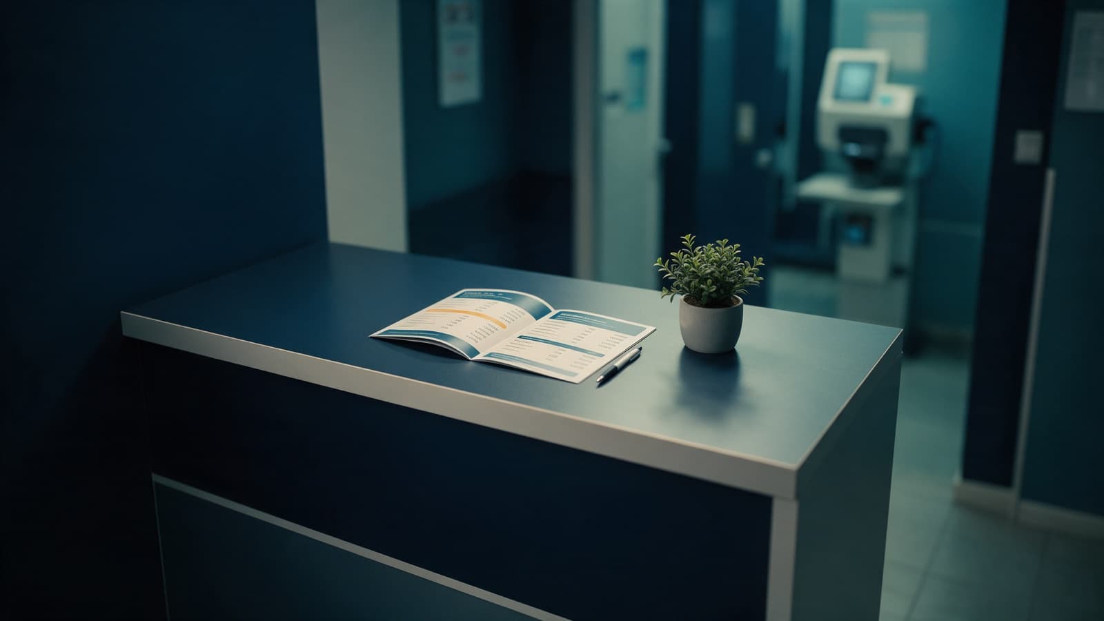 A clinic reception desk with an open printed brochure and a pen, a diagnostic machine blurred in the corridor behind