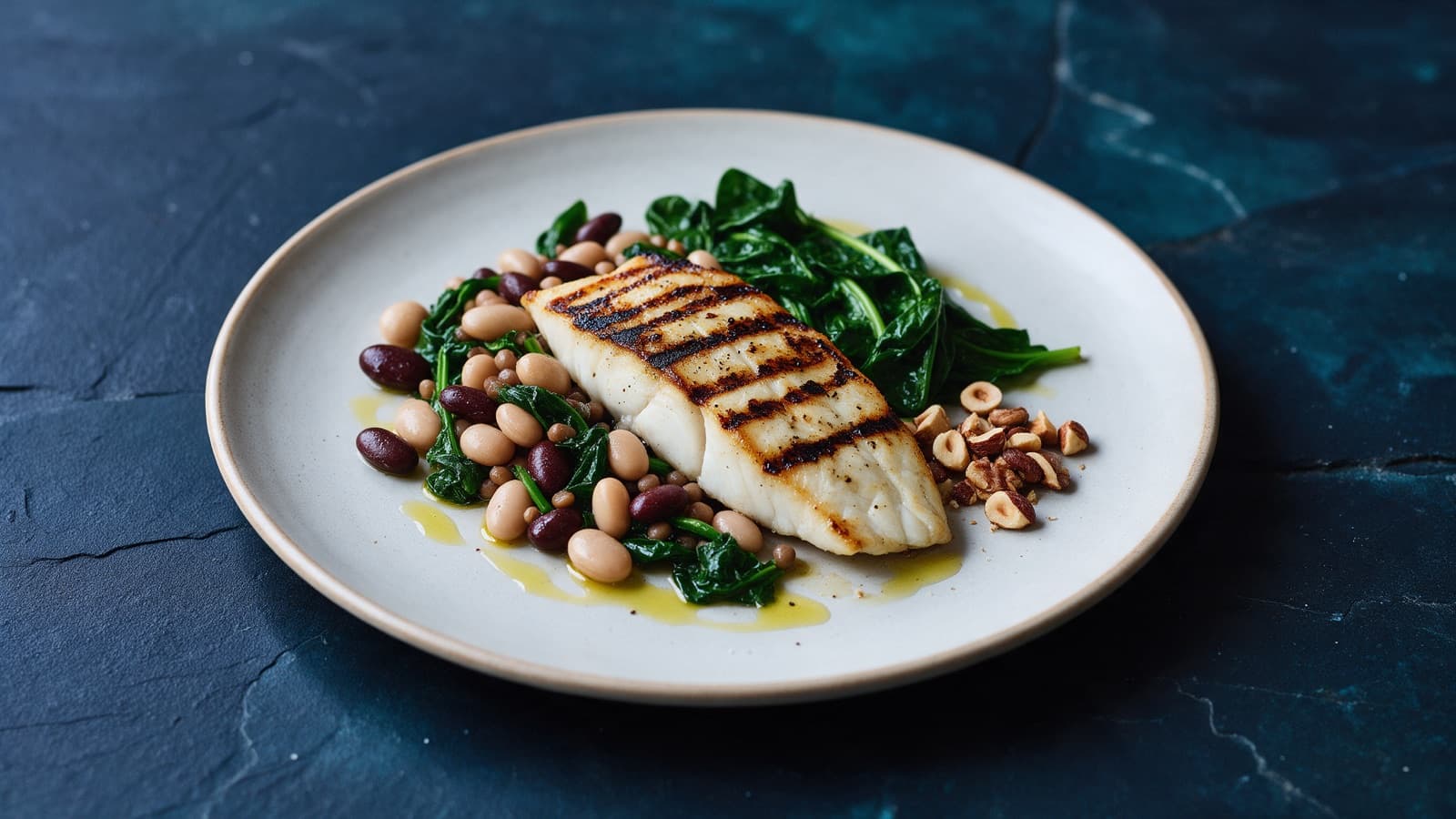 Overhead view of a Mediterranean-style plate with fish, legumes, greens and olive oil