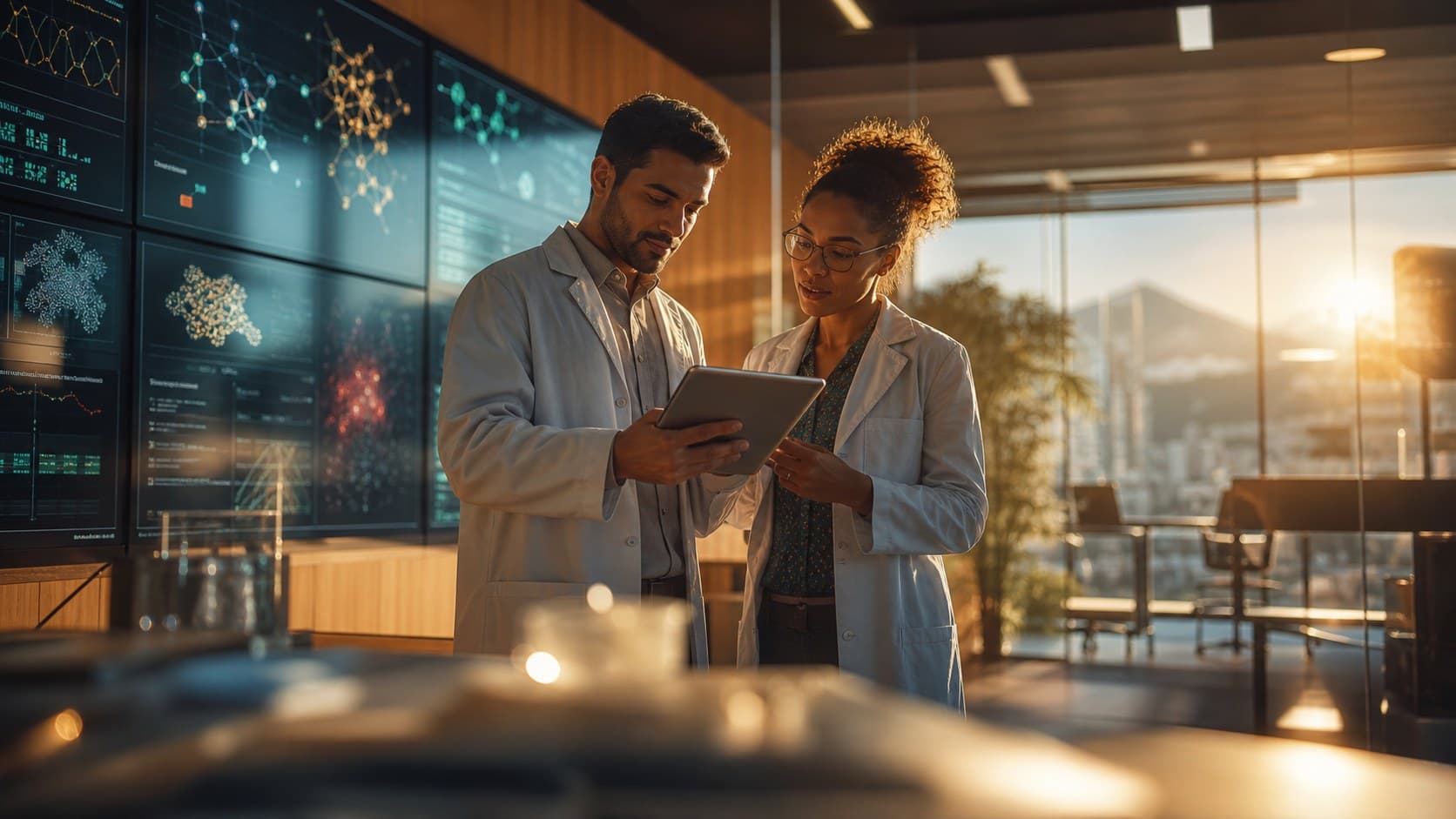 Two clinicians reviewing longevity research data together in a modern office at golden hour