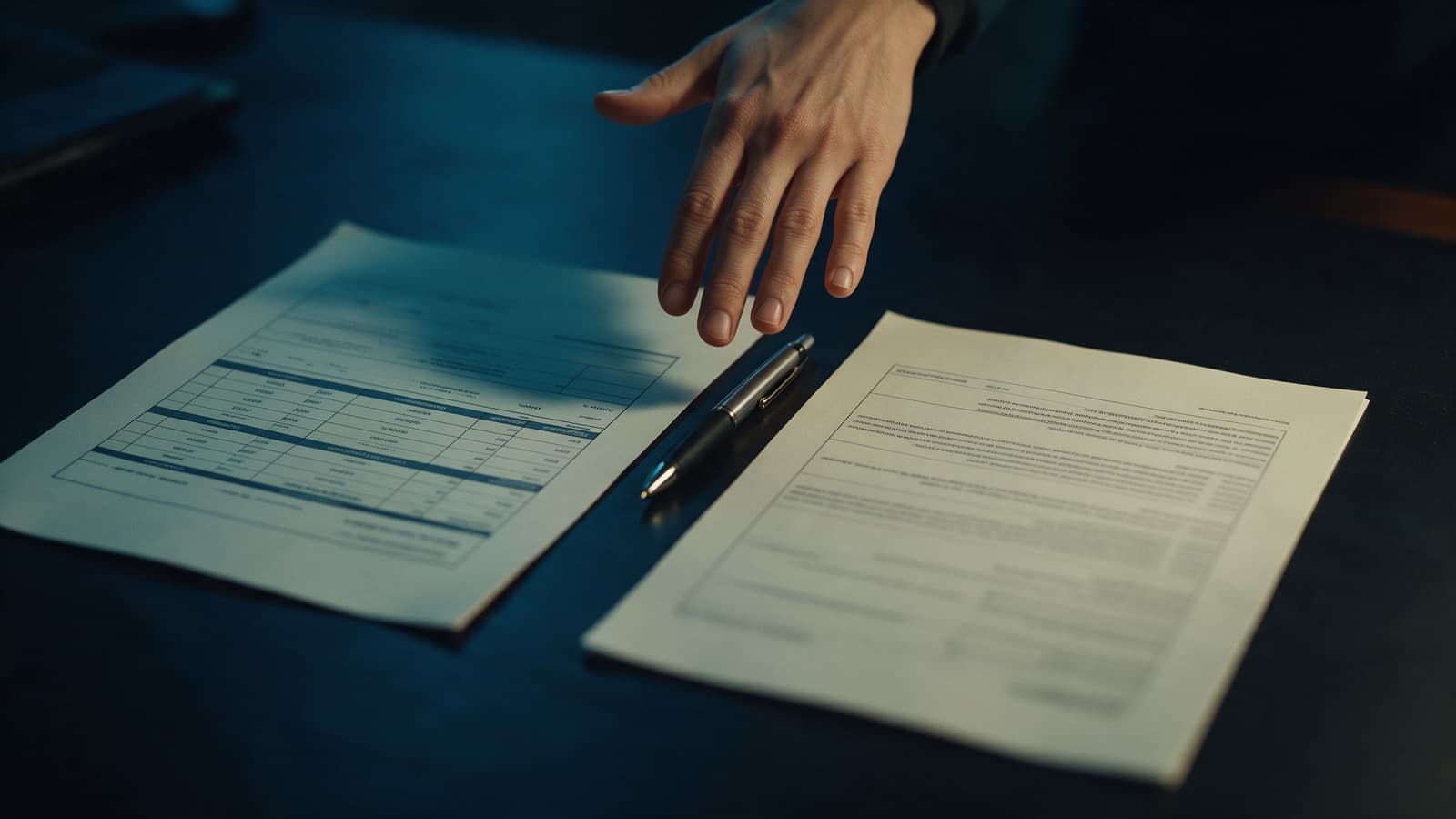 Two printed documents side by side on a dark table with a pen between them and a hand hovering as if comparing