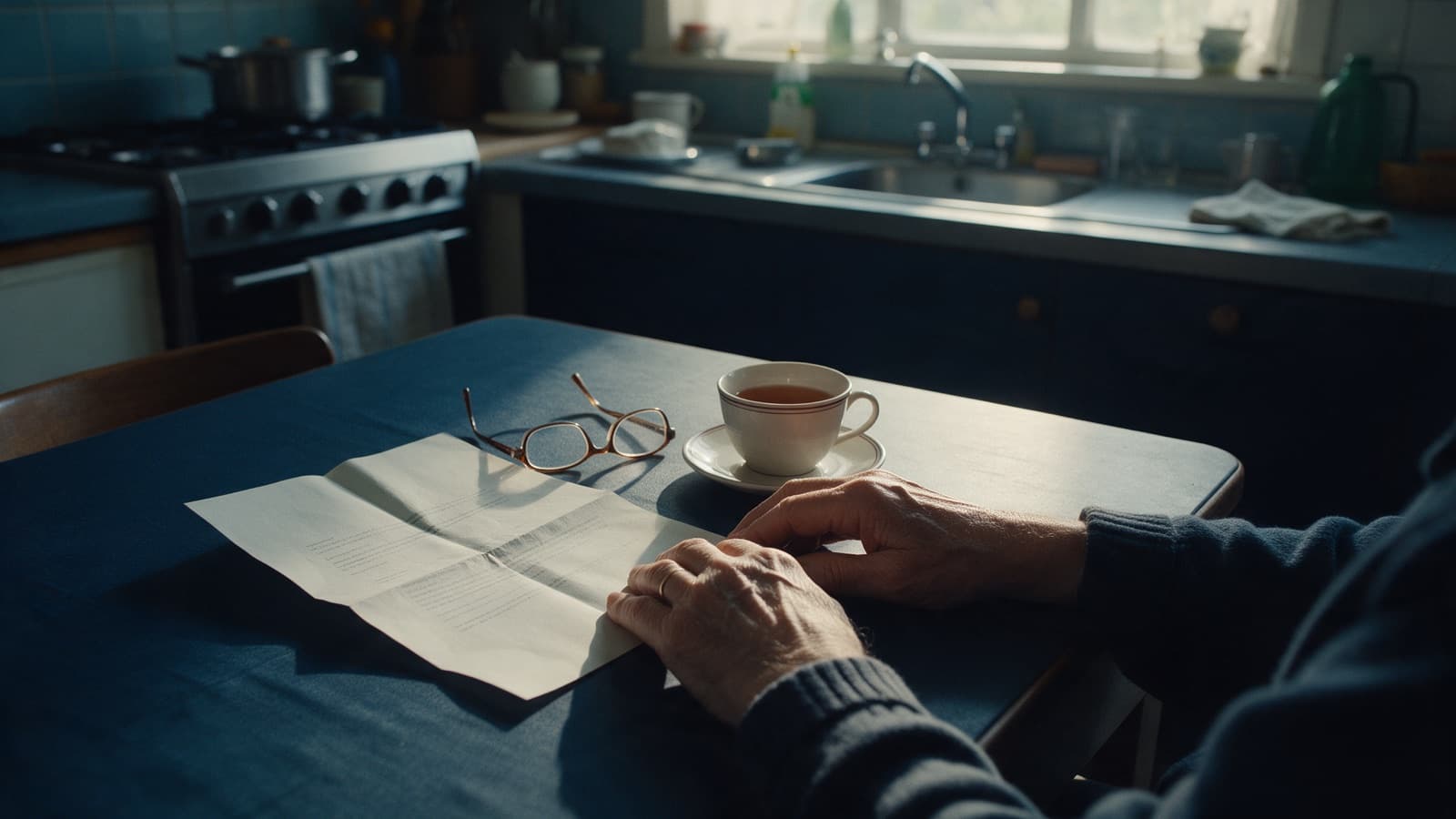 An older adult's hands resting on a kitchen table beside a folded document, reading glasses and a cup of tea