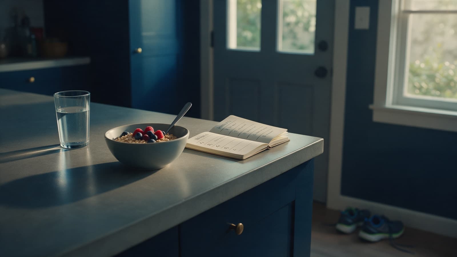 A calm kitchen counter in morning light with water, oats and berries, and running shoes by the door