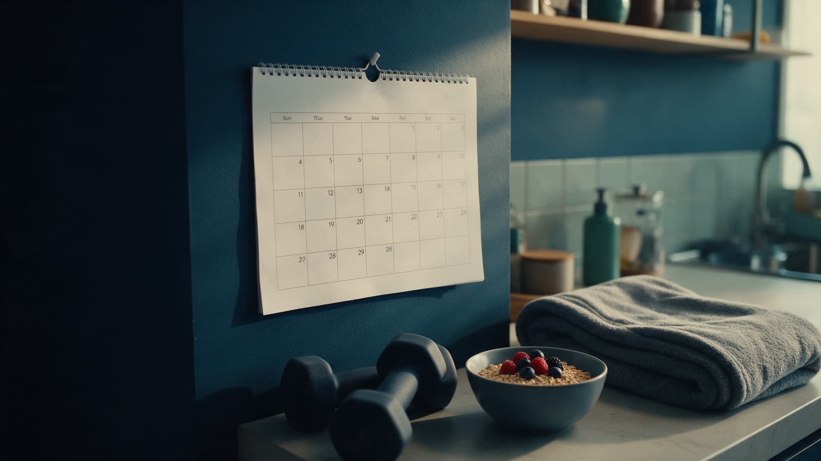 A paper wall calendar above a kitchen counter with dumbbells, a bowl of oats with berries and a folded blanket