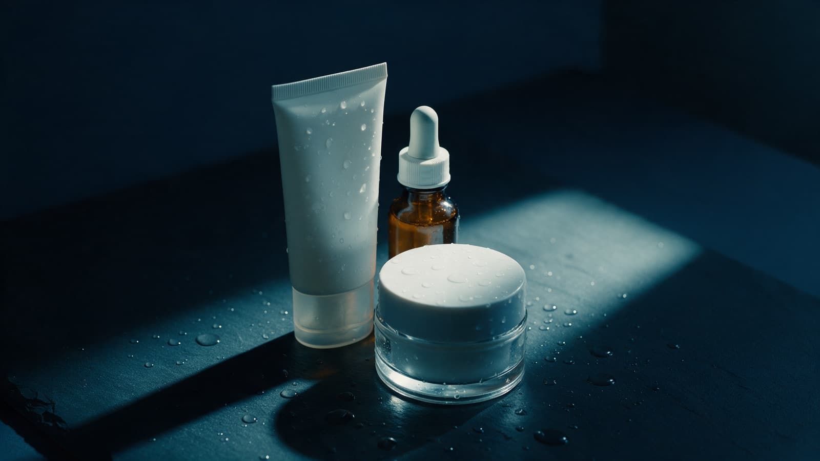 Unbranded sunscreen, a retinoid serum and a moisturiser on a dark slate surface