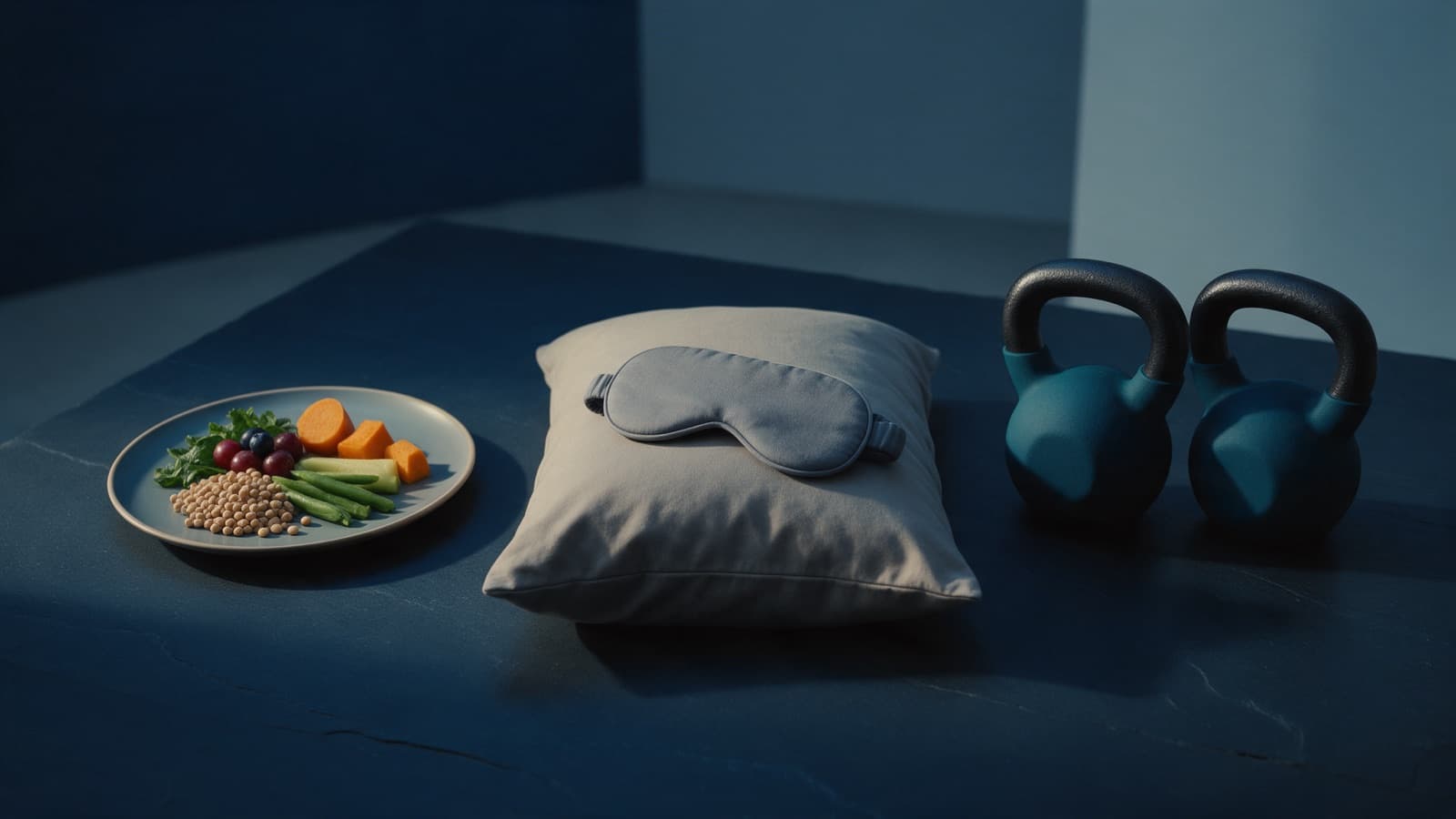 A plate of whole food, a sleep mask on a pillow and a pair of kettlebells in a row