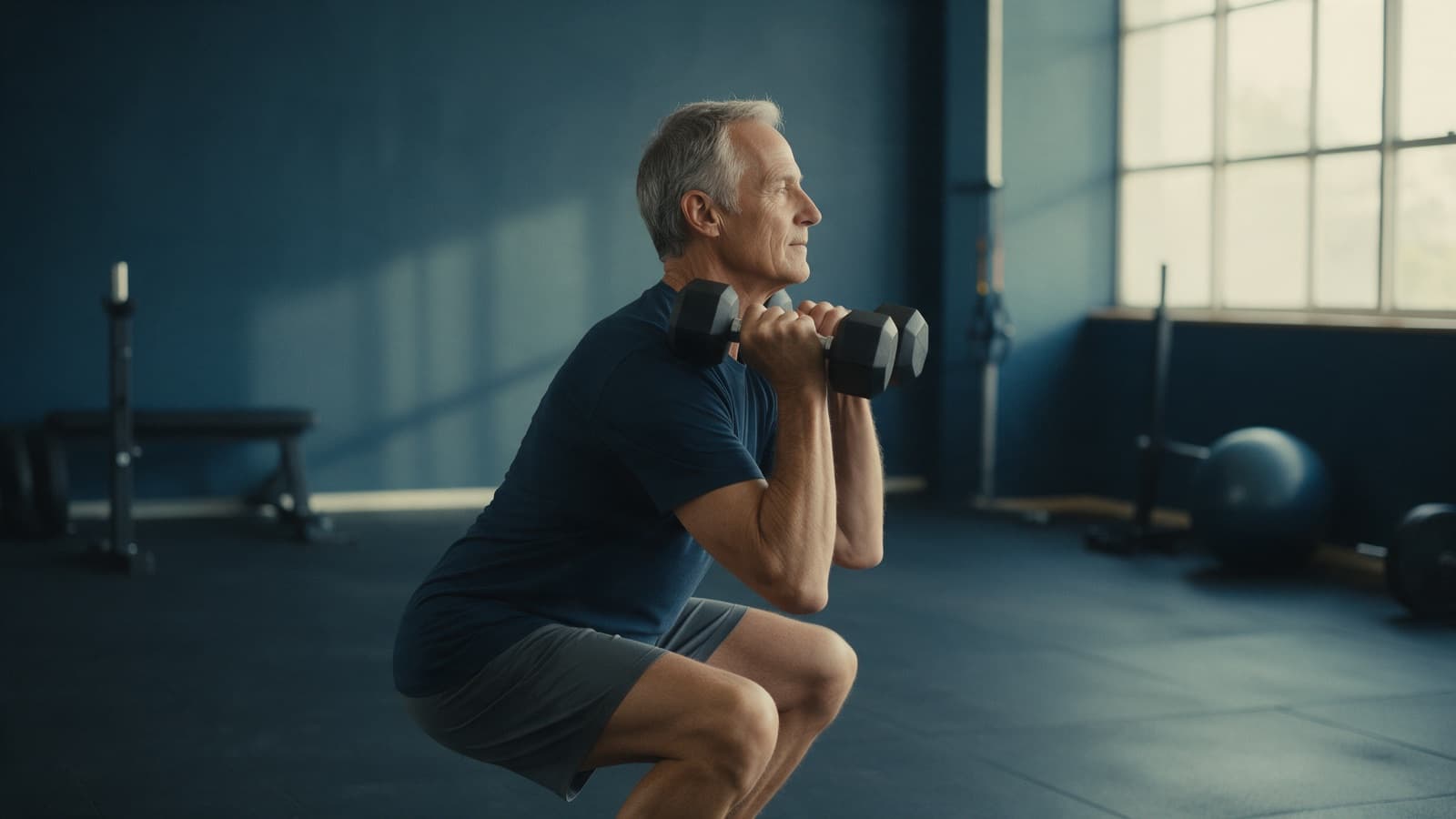 An older adult performing a controlled dumbbell squat in a calm gym