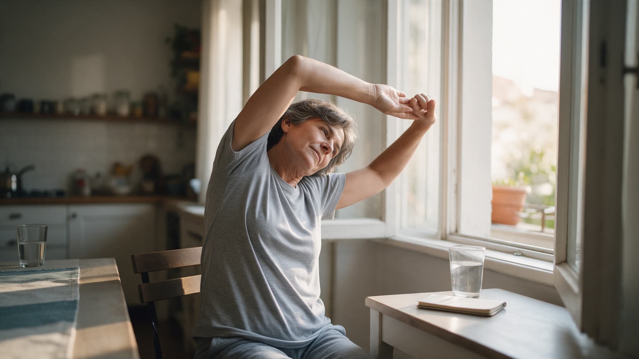 A person in their fifties stretching by an open window with a glass of water and a small notebook on the table, warm early light