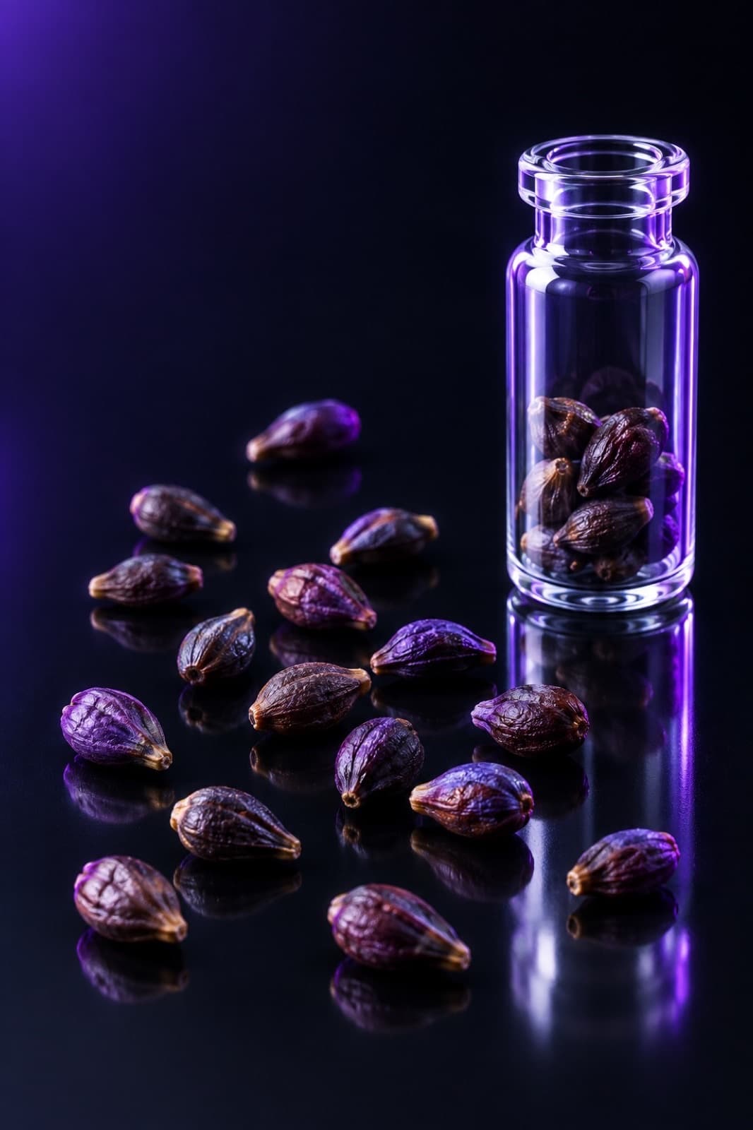 Dark grape seeds scattered on a laboratory surface beside a glass vial, lit in deep purple and cool white