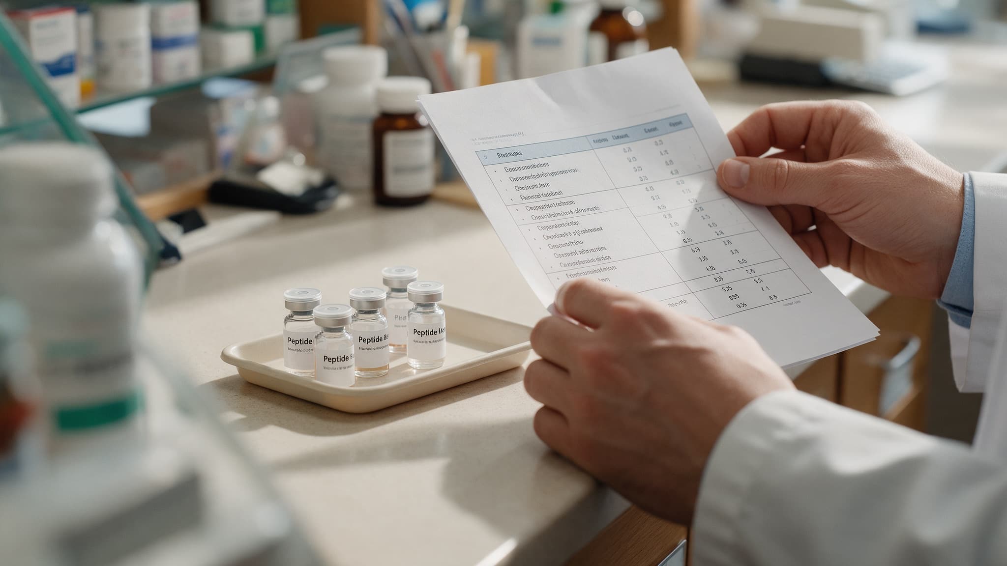 A pharmacist reviewing a printed medication list against a small tray of peptide vials, checking for interactions
