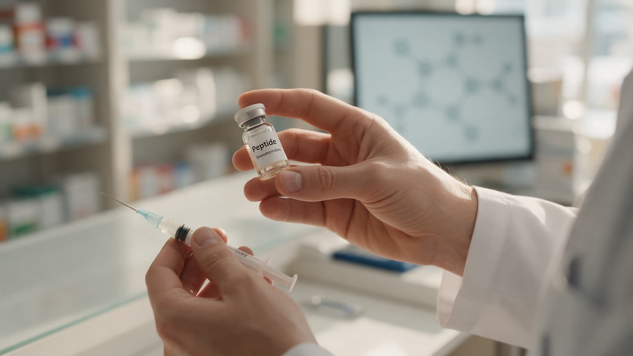 A pharmacist's hands holding a small glass vial of peptide medication and a syringe on a pharmacy counter
