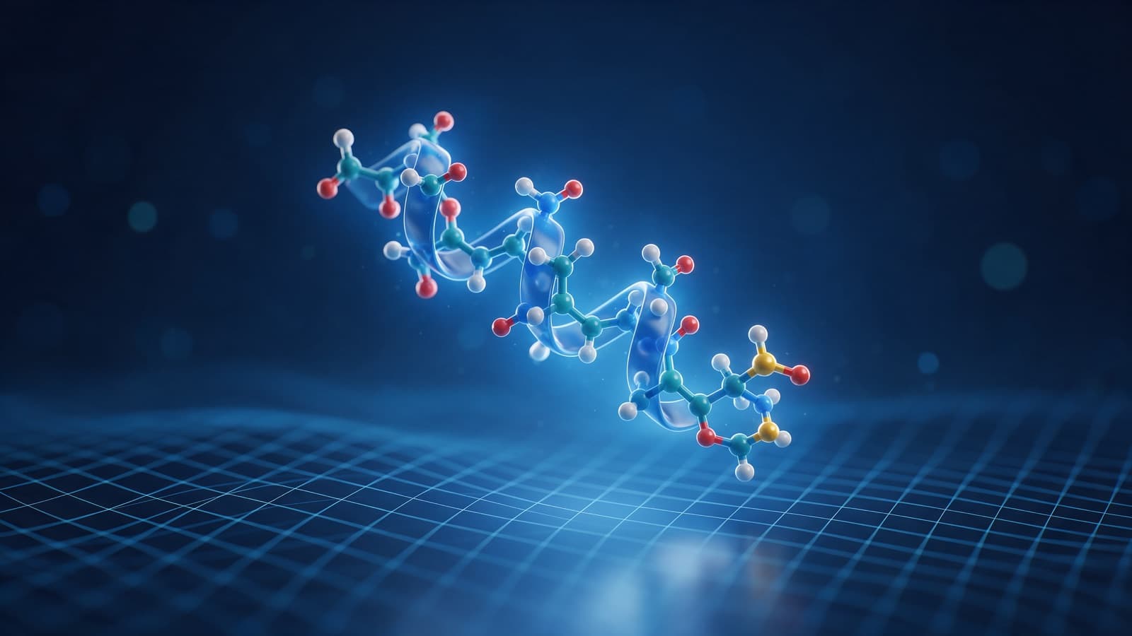 3D render of a short peptide chain floating above a dark blue grid, representing peptides sold for energy and recovery