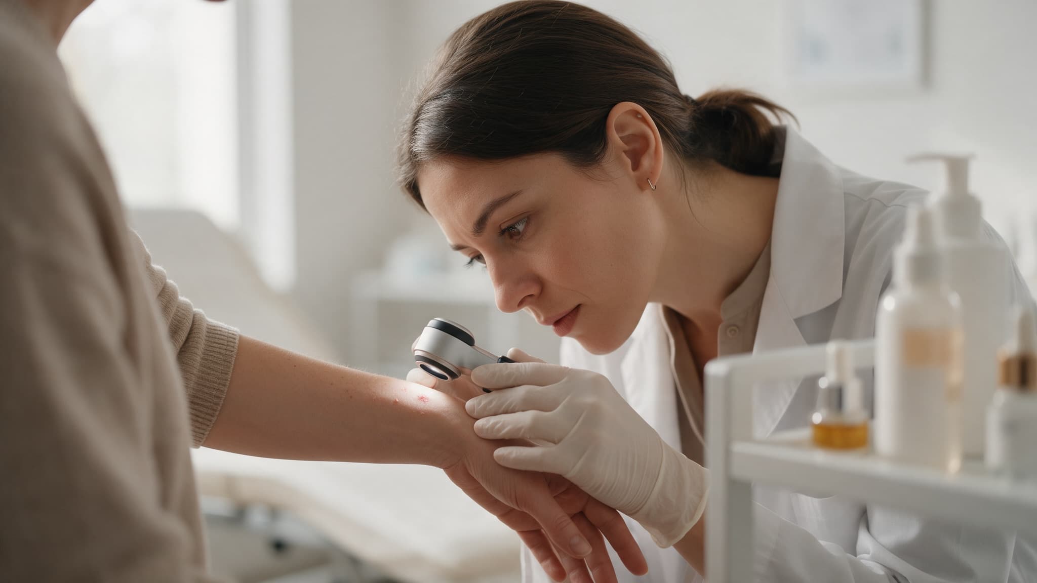 A dermatologist examining a patient's skin closely with a dermatoscope in a bright modern clinic room