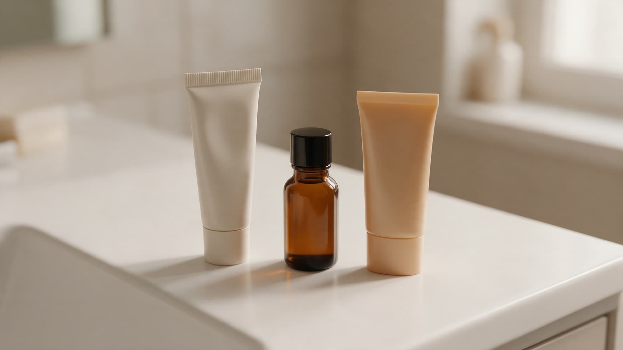 A prescription retinoid cream tube and a small amber bottle beside a sunscreen tube, neatly arranged on a bathroom counter