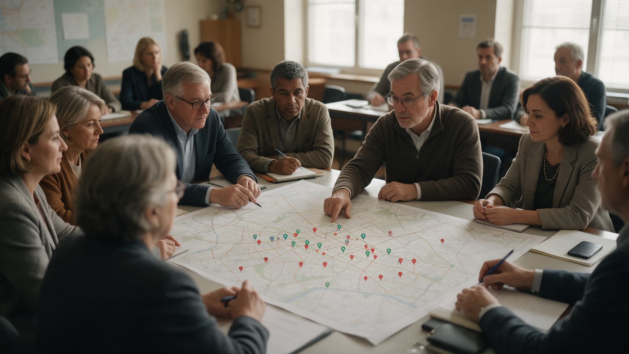 A city planning meeting room with officials reviewing a large map of walkable streets and health-facility locations