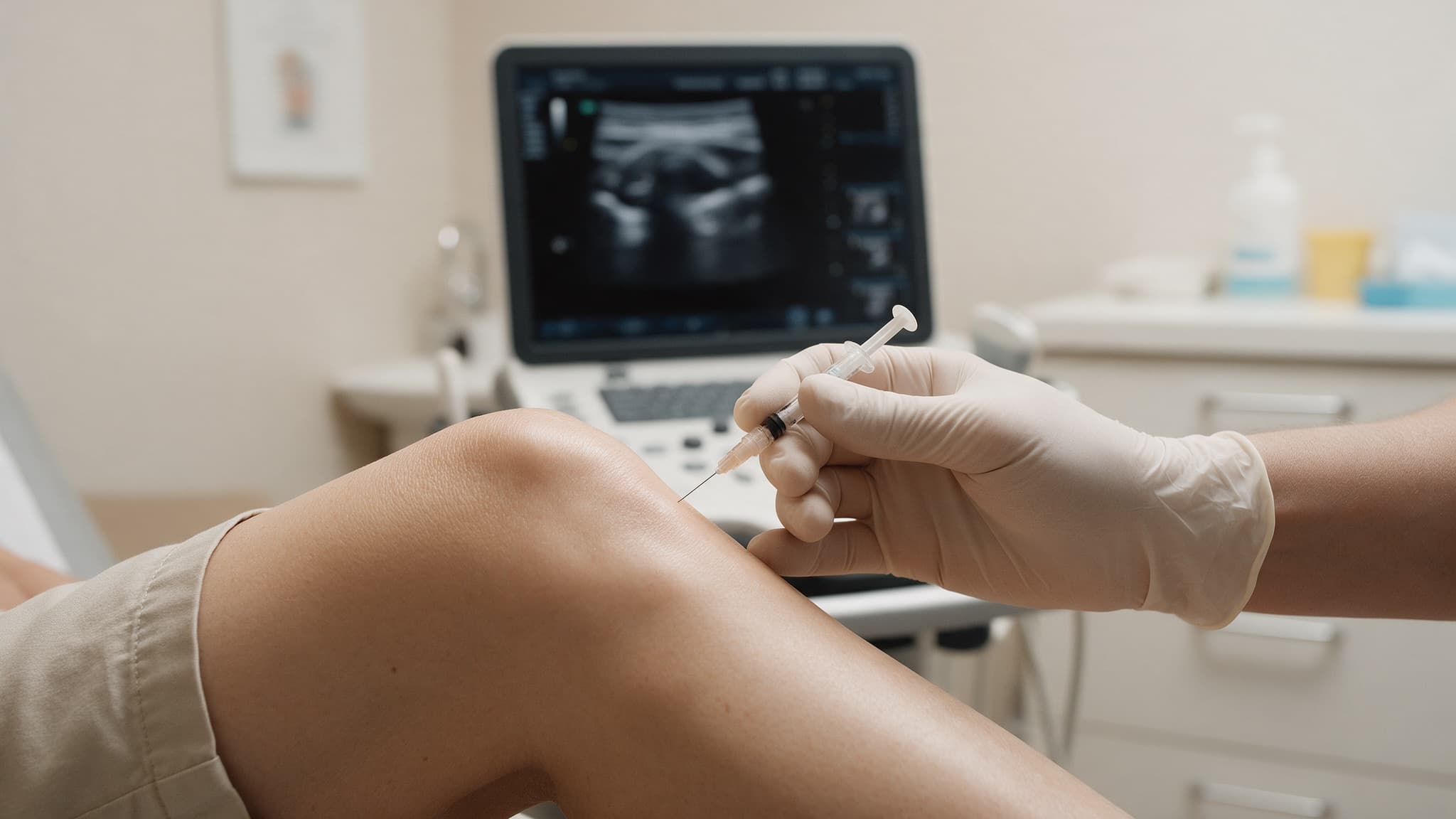 A clinician's gloved hand preparing an injection at a patient's knee joint, with ultrasound guidance nearby