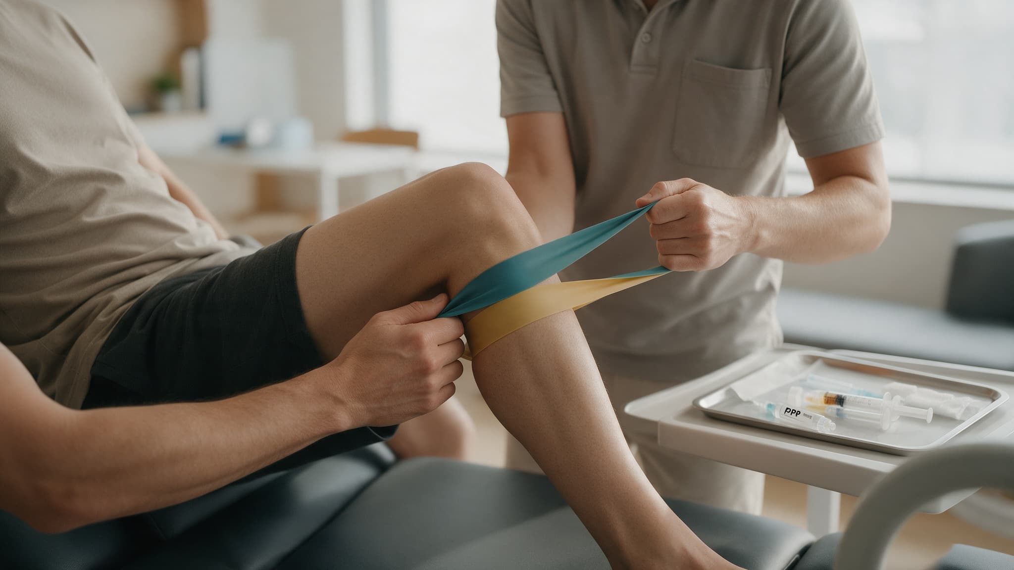 A physiotherapist guiding a patient through a knee rehabilitation exercise using a resistance band
