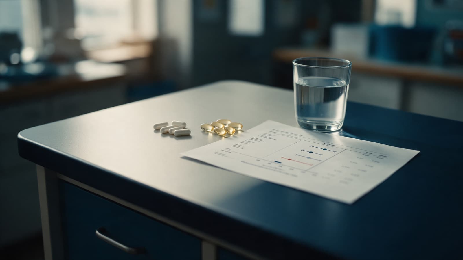 Supplement capsules beside a printed clinical-trial forest plot on a pharmacist's desk