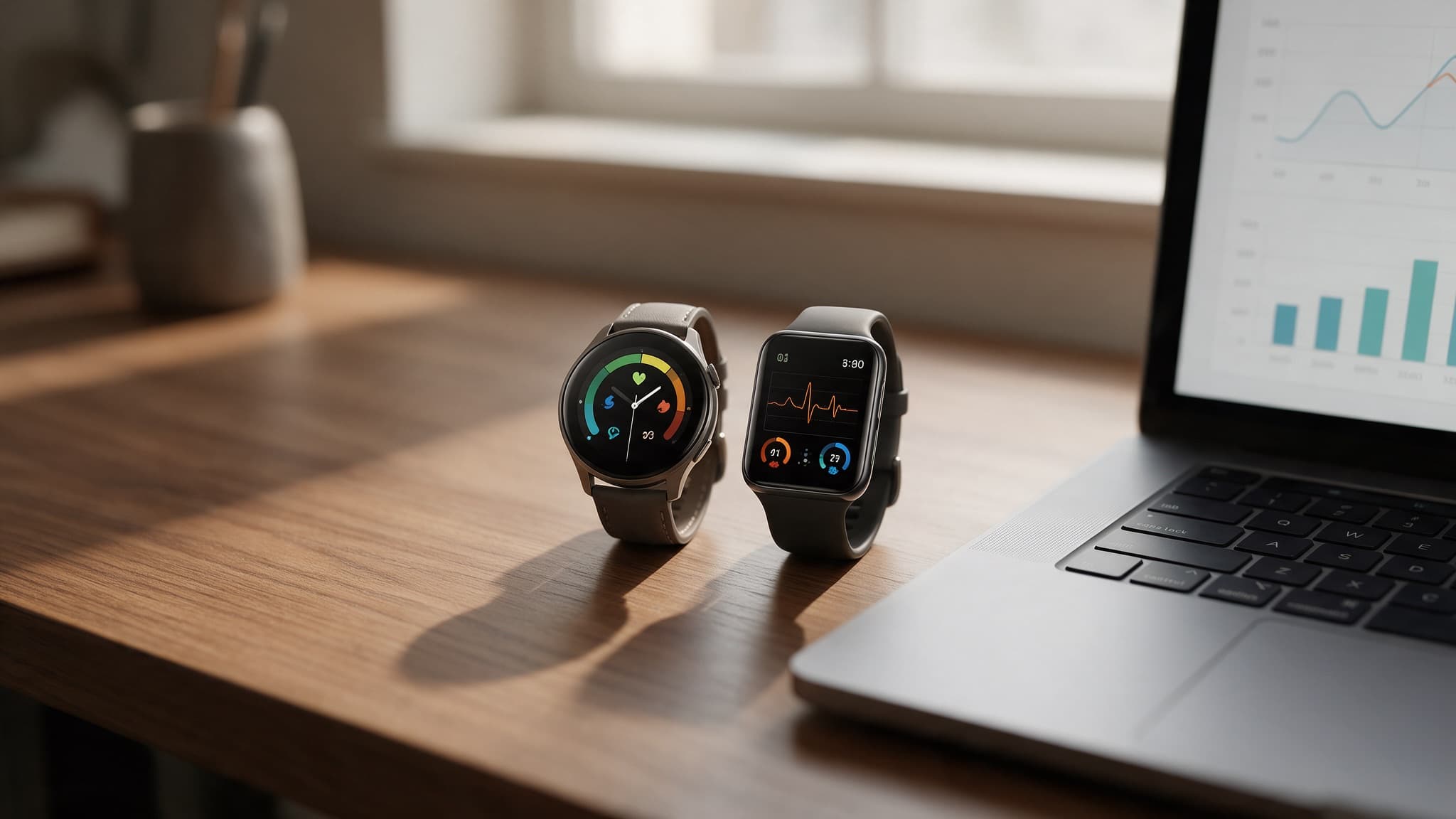 Two different smartwatches side by side on a desk, both displaying health metrics, next to a laptop with charts