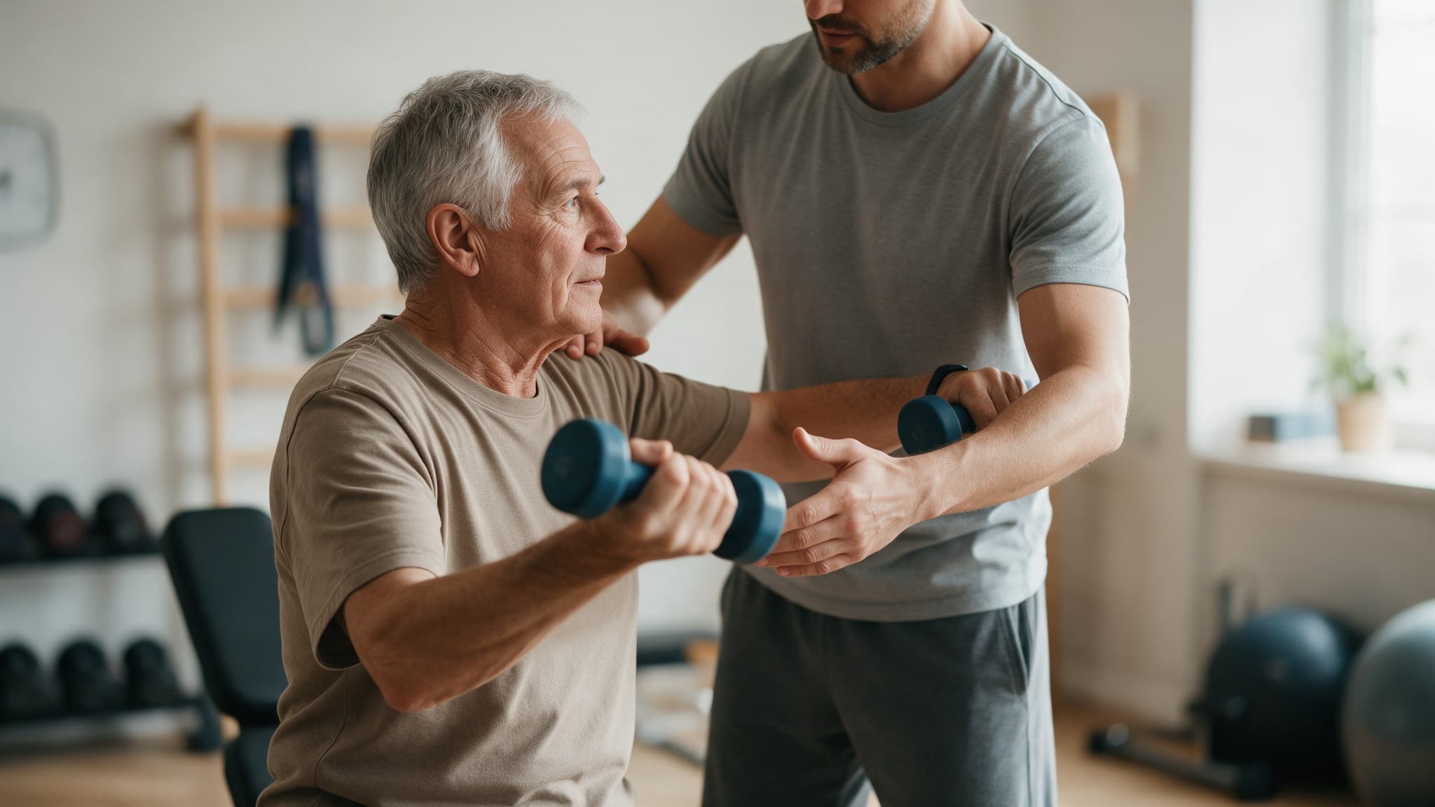 An older adult performing a supervised resistance training exercise with light dumbbells, a trainer coaching form