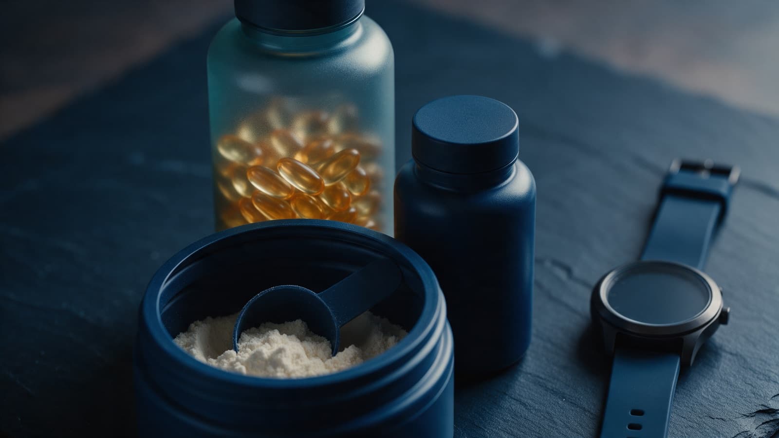 Unbranded creatine tub, omega-3 softgels and a vitamin D bottle beside a wristwatch on slate
