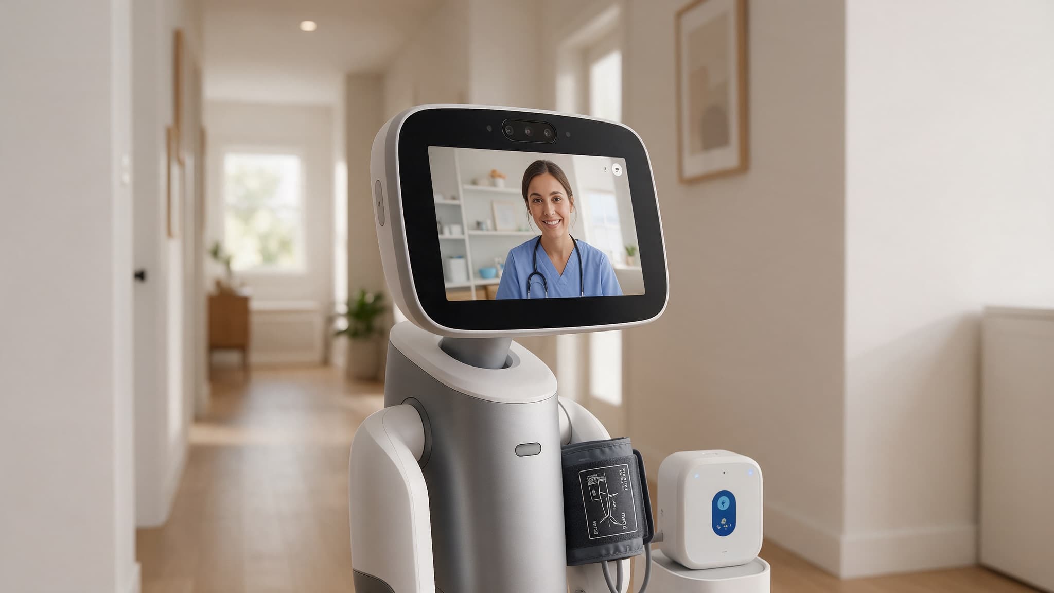 A mobile telepresence health-monitoring robot displaying a video call with a nurse, beside a validated blood-pressure cuff