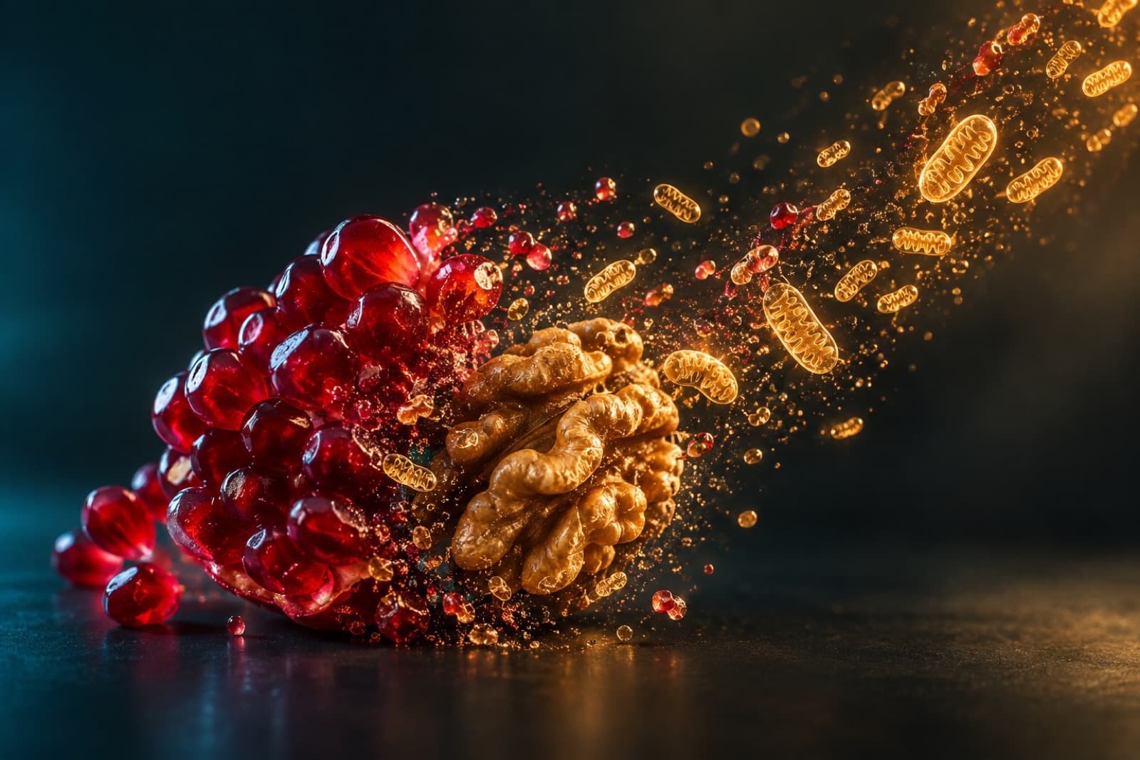 An artistic rendering of a translucent pomegranate-derived molecule activating glowing mitochondria within a muscle cell