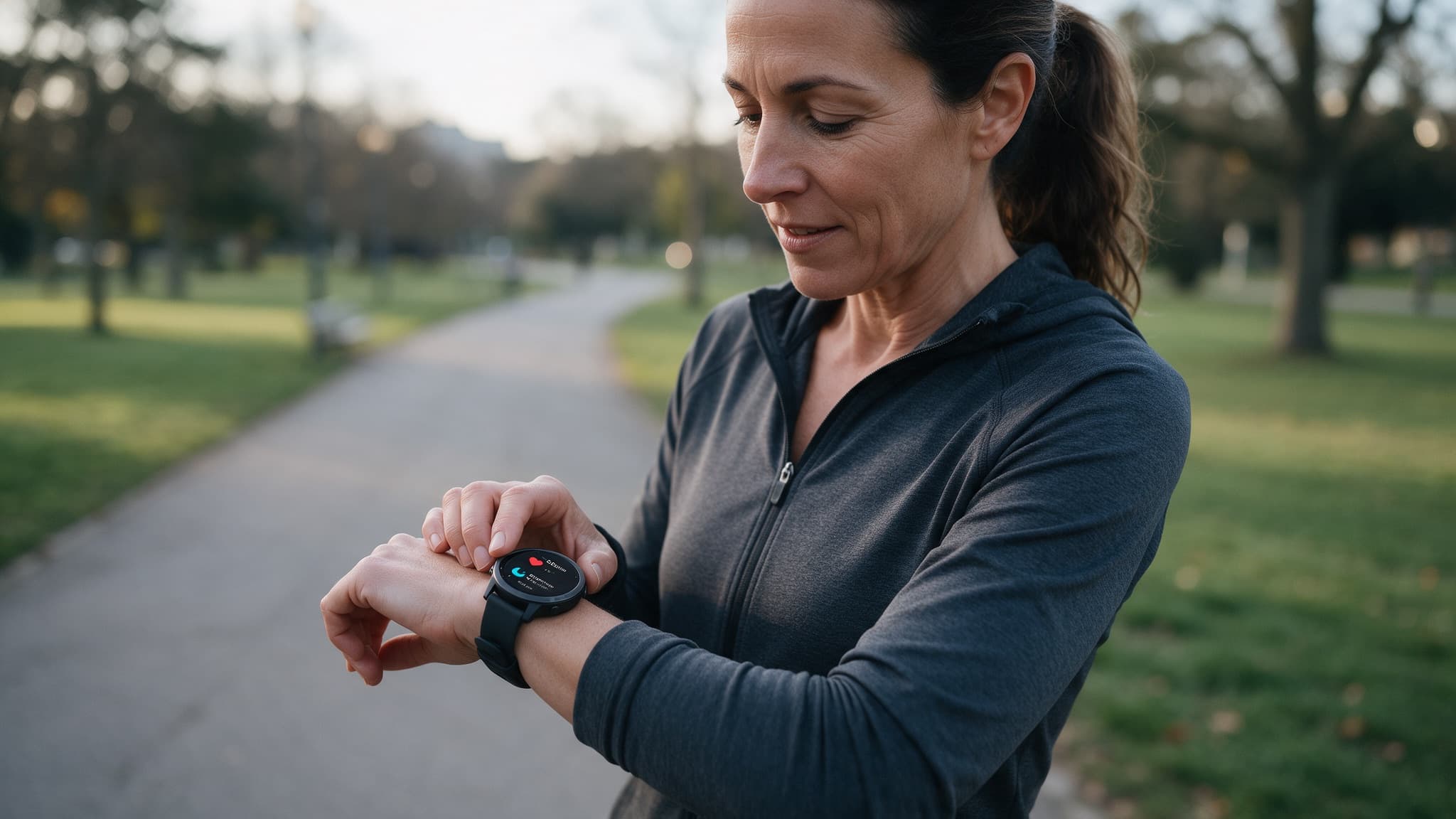 A person checking their fitness smartwatch's heart-rate and sleep data on their wrist after a morning run