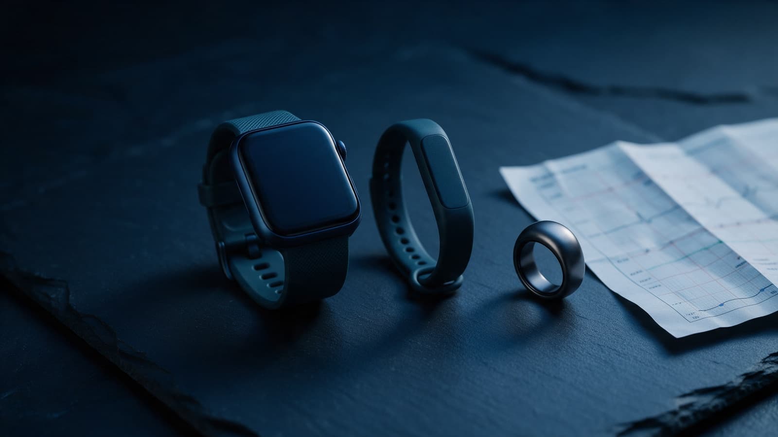 A smartwatch, a slim fitness band and a smart ring laid on dark slate beside a folded paper chart